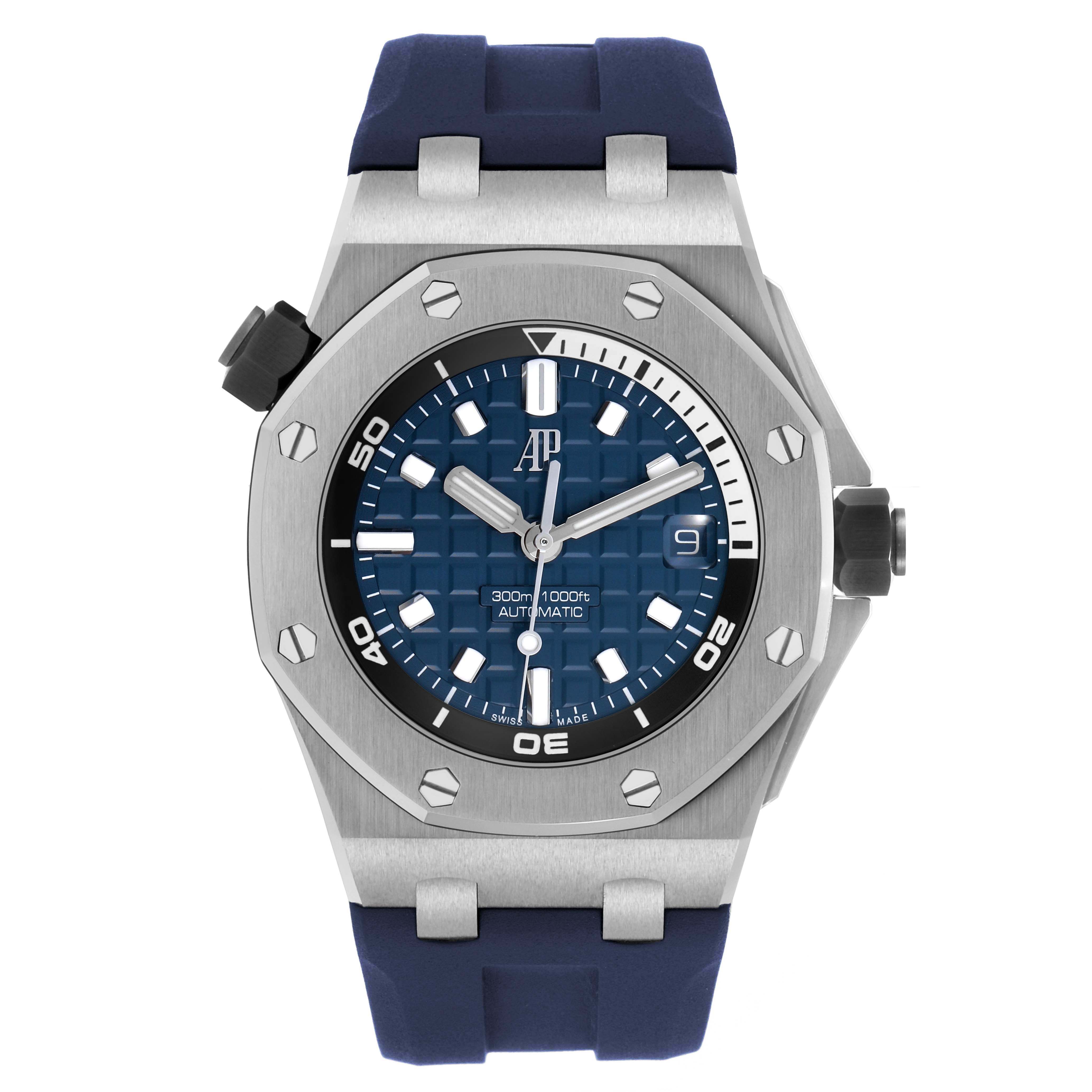 The Audemars Piguet Royal Oak Offshore 15720ST.OO.A027CA.01 Men's Stainless Steel Blue Dial watch is shown from the front, highlighting the bezel, dial, and strap.
