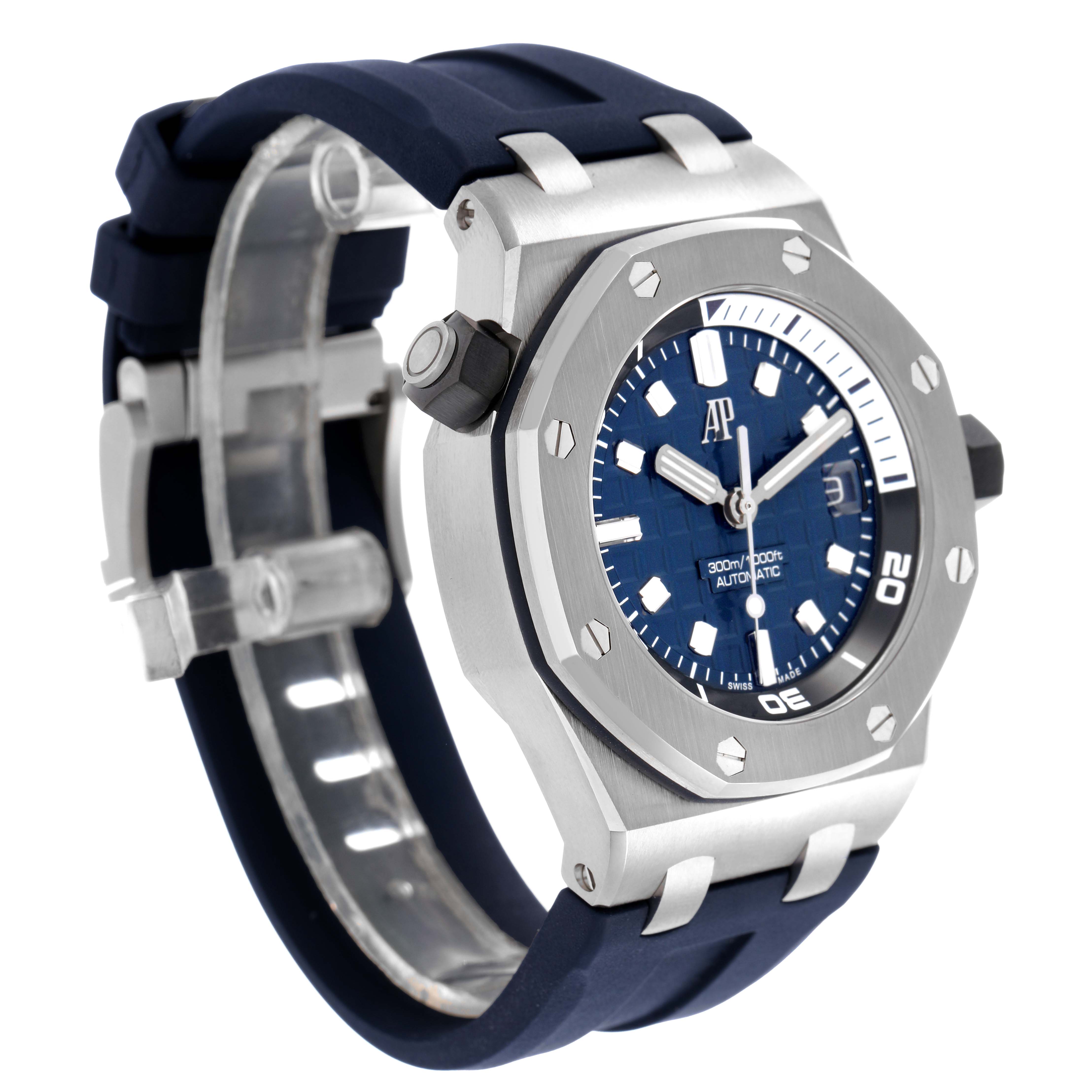 The Audemars Piguet Royal Oak Offshore 15720ST.OO.A027CA.01 Men's Stainless Steel Blue Dial watch is shown at an angle highlighting its bezel, blue dial, and rubber strap.