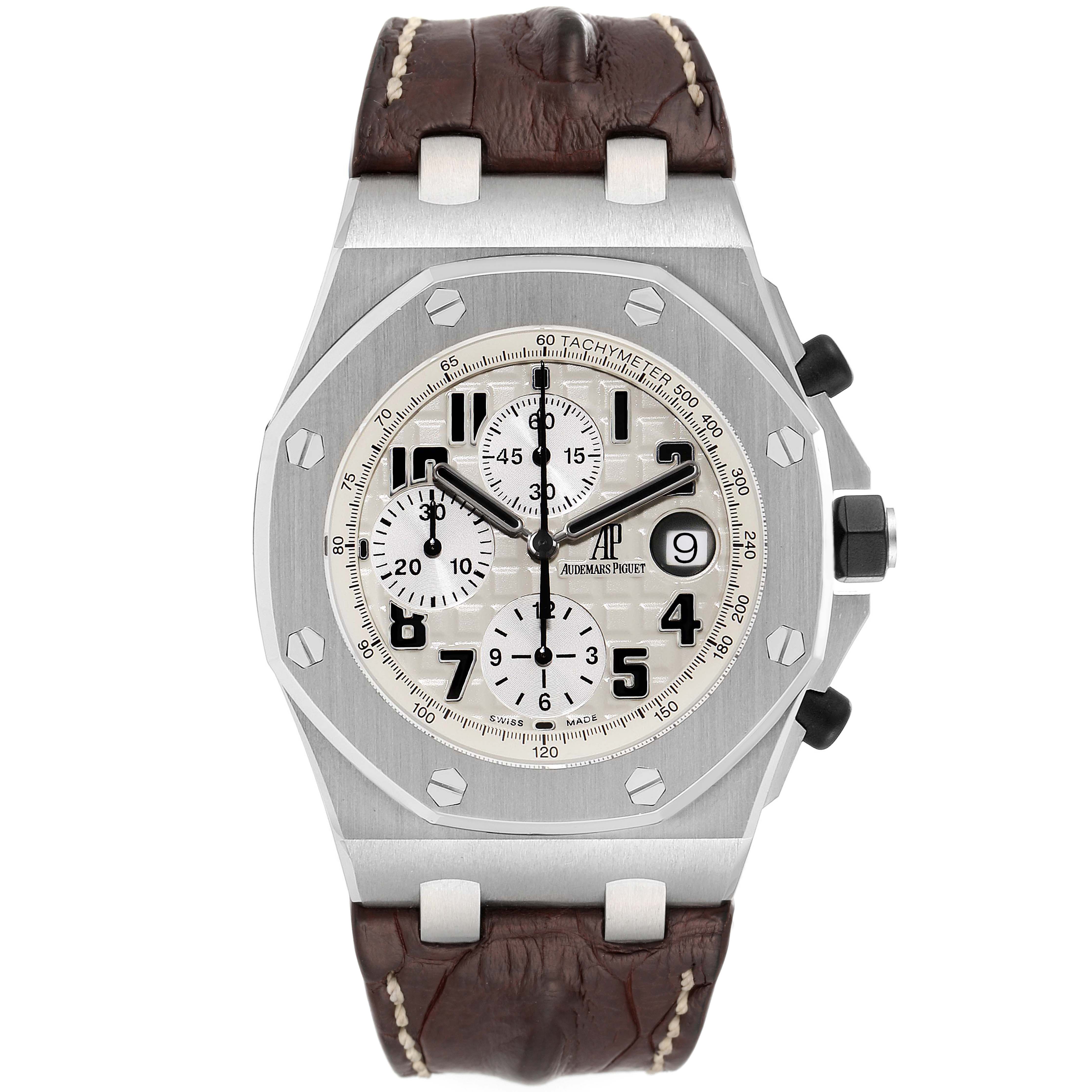 This is a front view of the Audemars Piguet Royal Oak Offshore 26170ST.OO.D091CR.01 Men's Stainless Steel Silver Dial 26170ST.OO.D091CR.01 Men's Stainless Steel Silver Dial watch, showcasing its face, bezel, chronograph subdials, and leather strap.