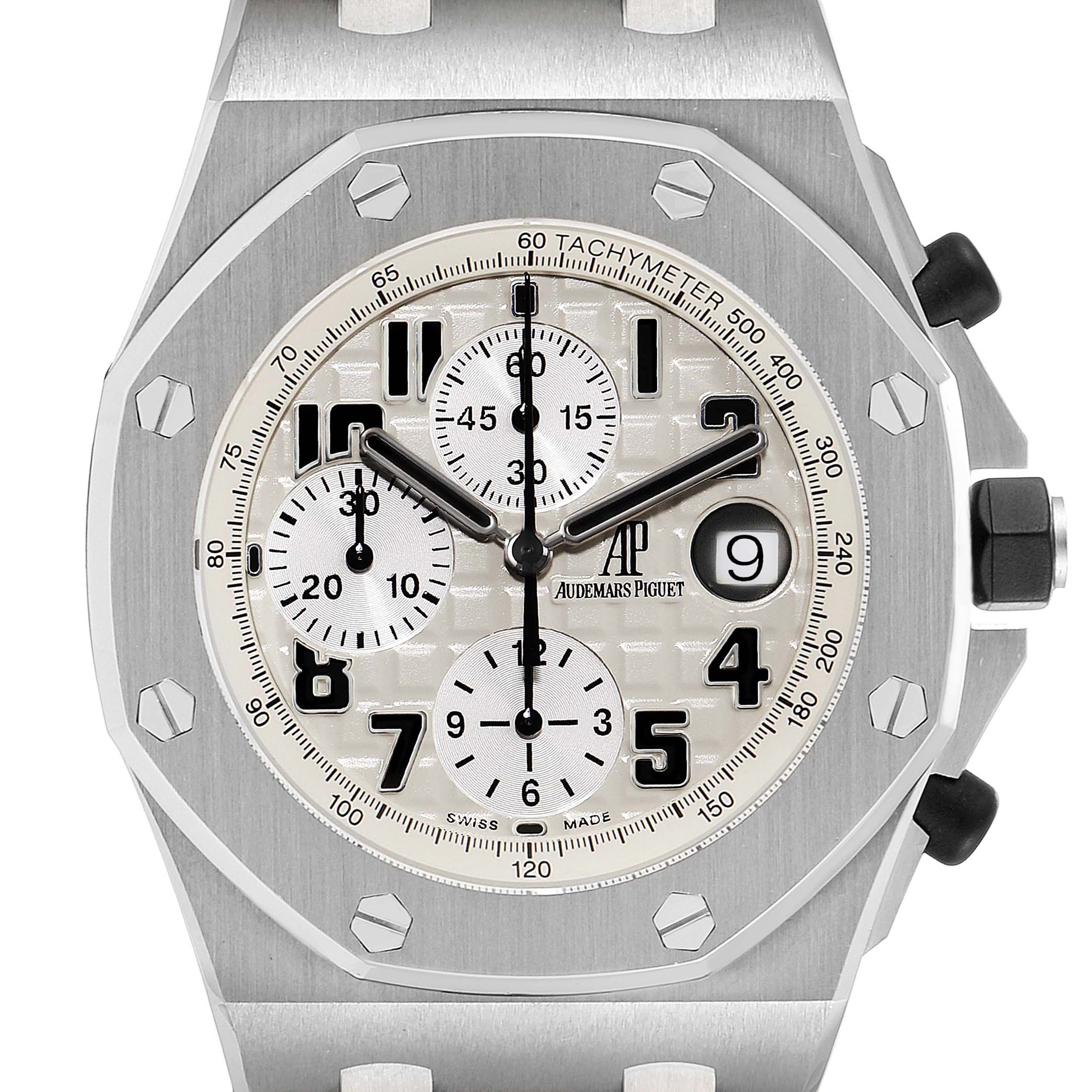This image shows a frontal view of the Audemars Piguet Royal Oak Offshore 26170ST.OO.D091CR.01 Men's Stainless Steel Silver Dial 26170ST.OO.D091CR.01 Men's Stainless Steel Silver Dial watch's face, showcasing its dial, subdials, and bezel.