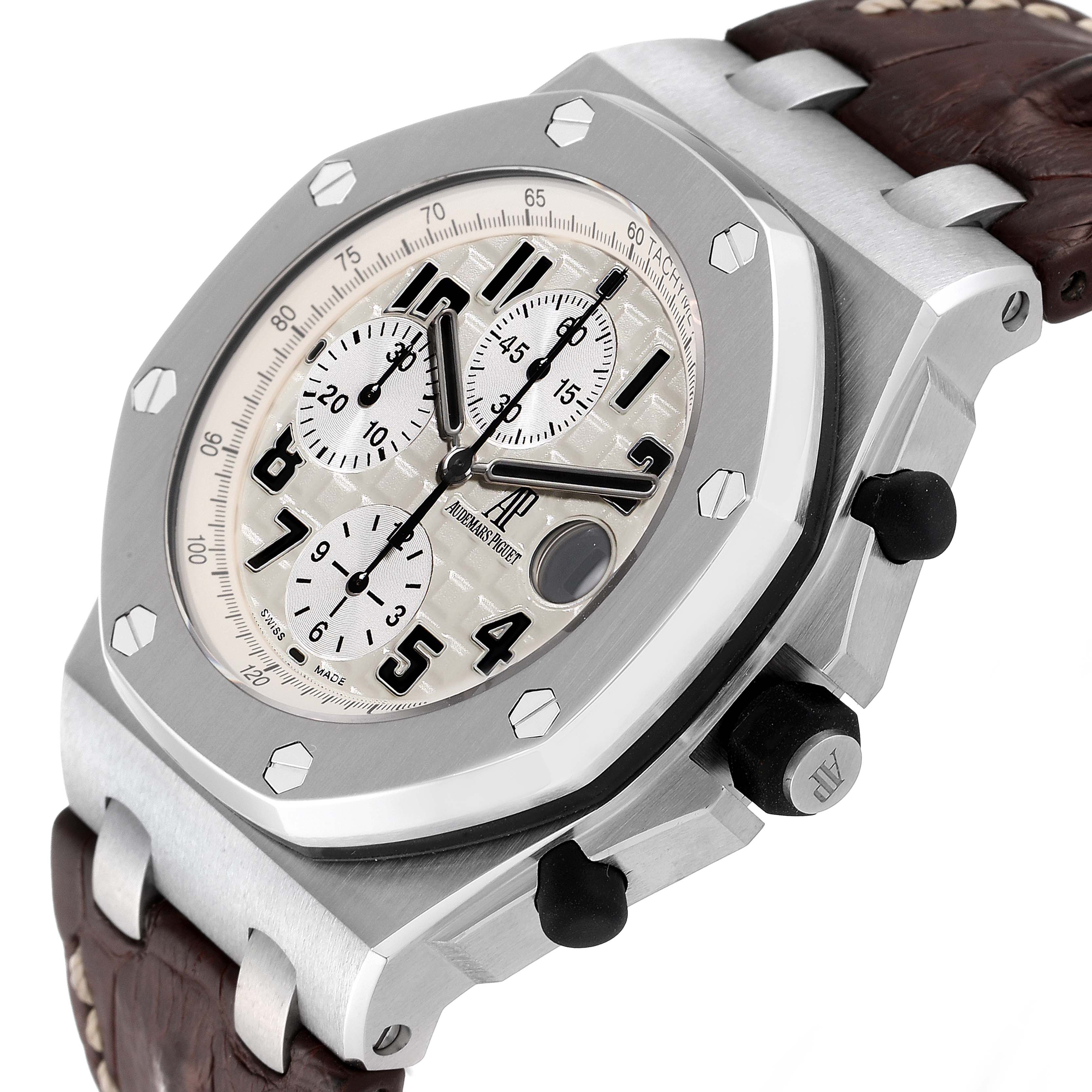 The image shows a close-up angle of the Audemars Piguet Royal Oak Offshore 26170ST.OO.D091CR.01 Men's Stainless Steel Silver Dial 26170ST.OO.D091CR.01 Men's Stainless Steel Silver Dial watch featuring its dial, bezel, and leather strap.