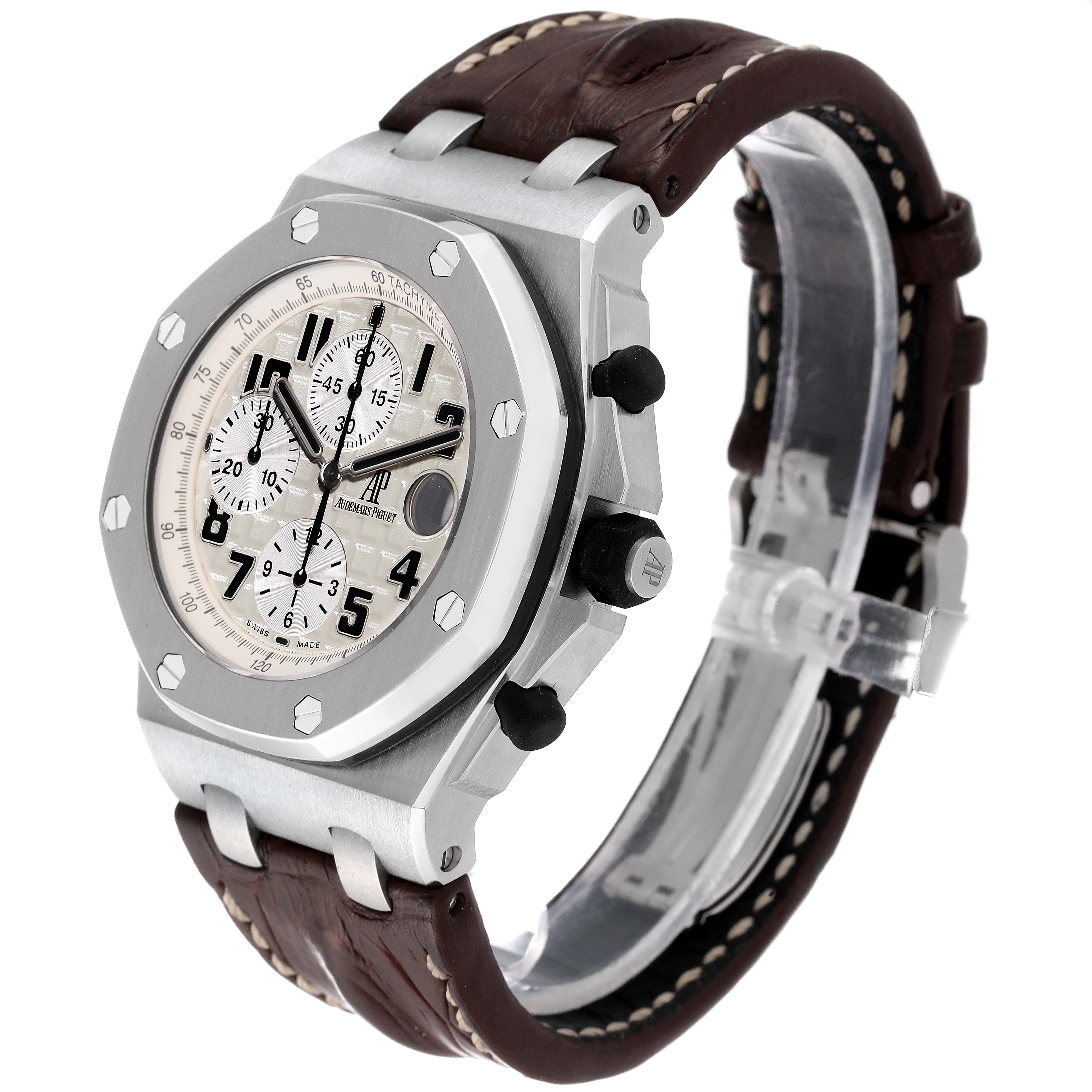 This image shows a side-angle view of an Audemars Piguet Royal Oak Offshore 26170ST.OO.D091CR.01 Men's Stainless Steel Silver Dial 26170ST.OO.D091CR.01 Men's Stainless Steel Silver Dial watch, highlighting the case, dial, and leather strap.