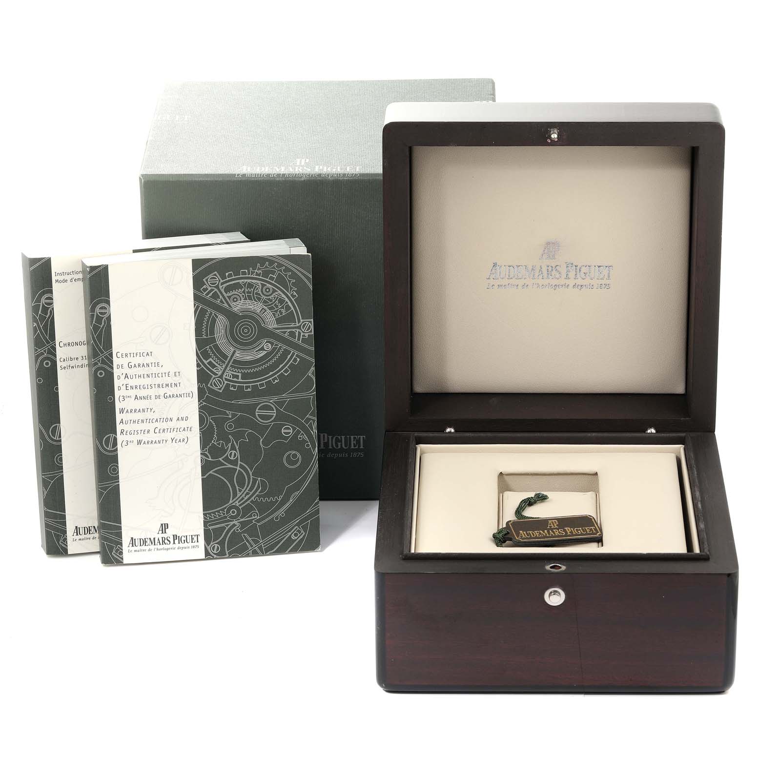 The image shows an Audemars Piguet Royal Oak Offshore 26170ST.OO.D091CR.01 Men's Stainless Steel Silver Dial 26170ST.OO.D091CR.01 Men's Stainless Steel Silver Dial watch box and manuals from a frontal angle.