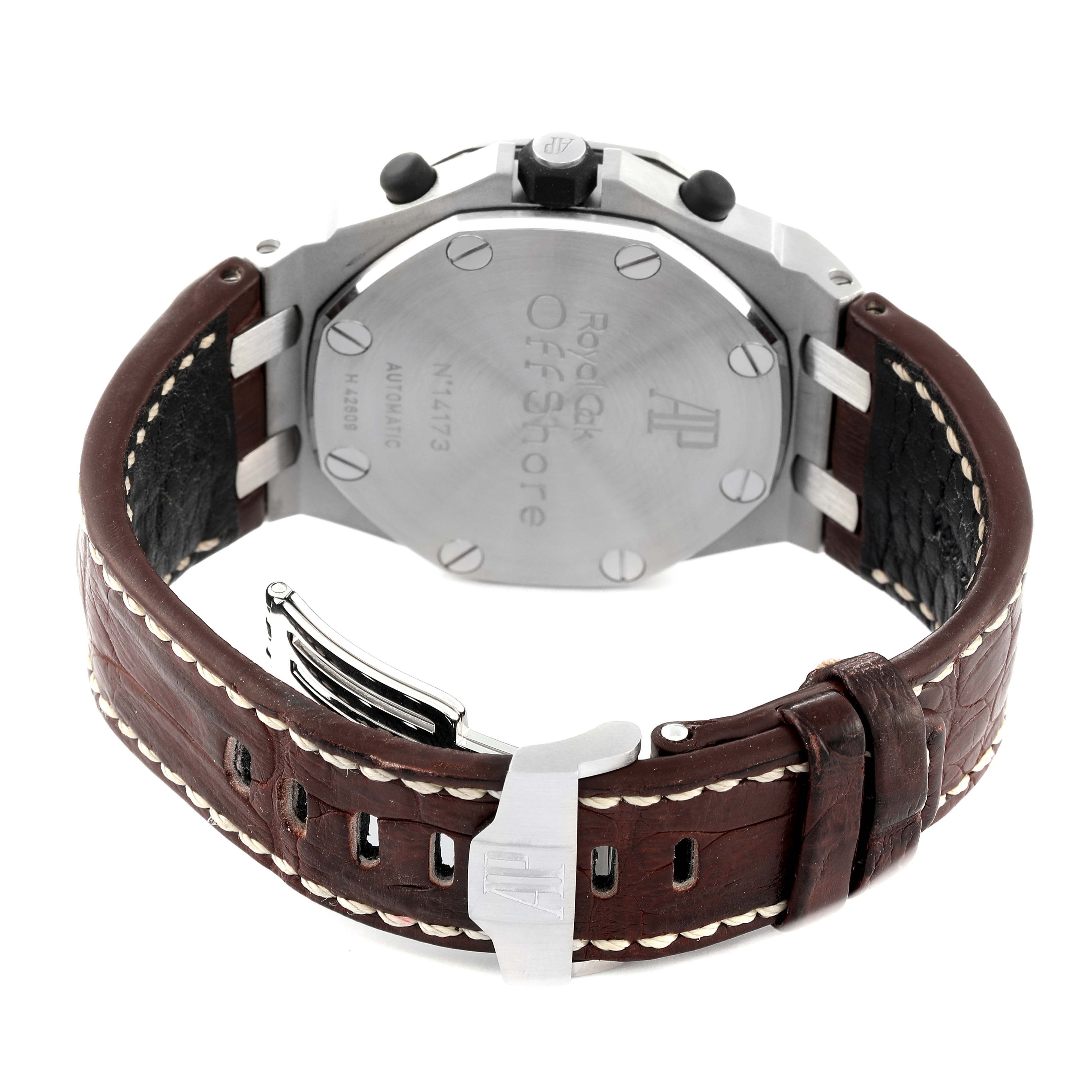 The image shows the back and brown leather strap of the Audemars Piguet Royal Oak Offshore 26170ST.OO.D091CR.01 Men's Stainless Steel Silver Dial 26170ST.OO.D091CR.01 Men's Stainless Steel Silver Dial watch.