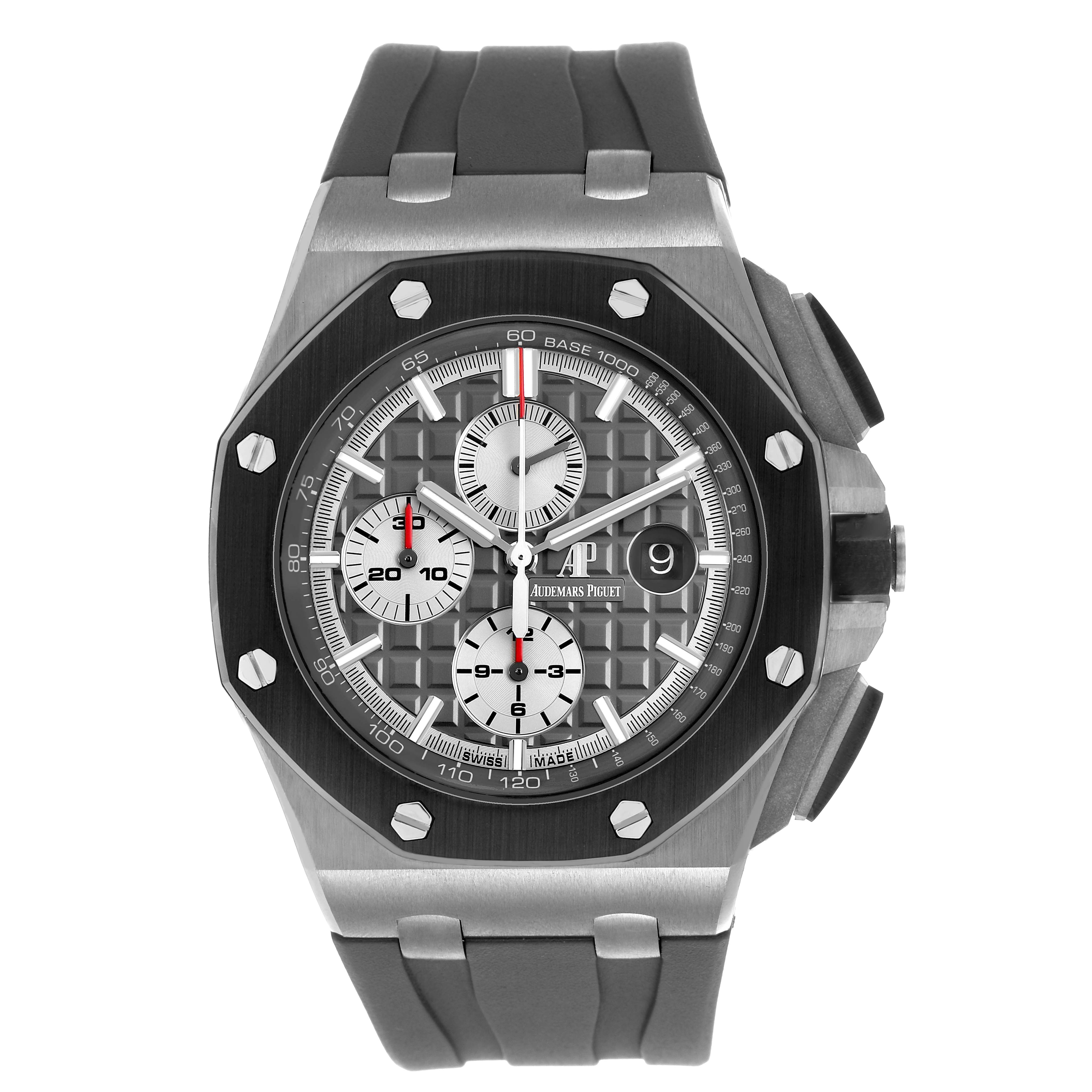 The image shows a front view of the Audemars Piguet Royal Oak Offshore 26400IO.OO.A004CA.01 Men's Titanium Grey Dial, highlighting its bezel, dial, and strap.