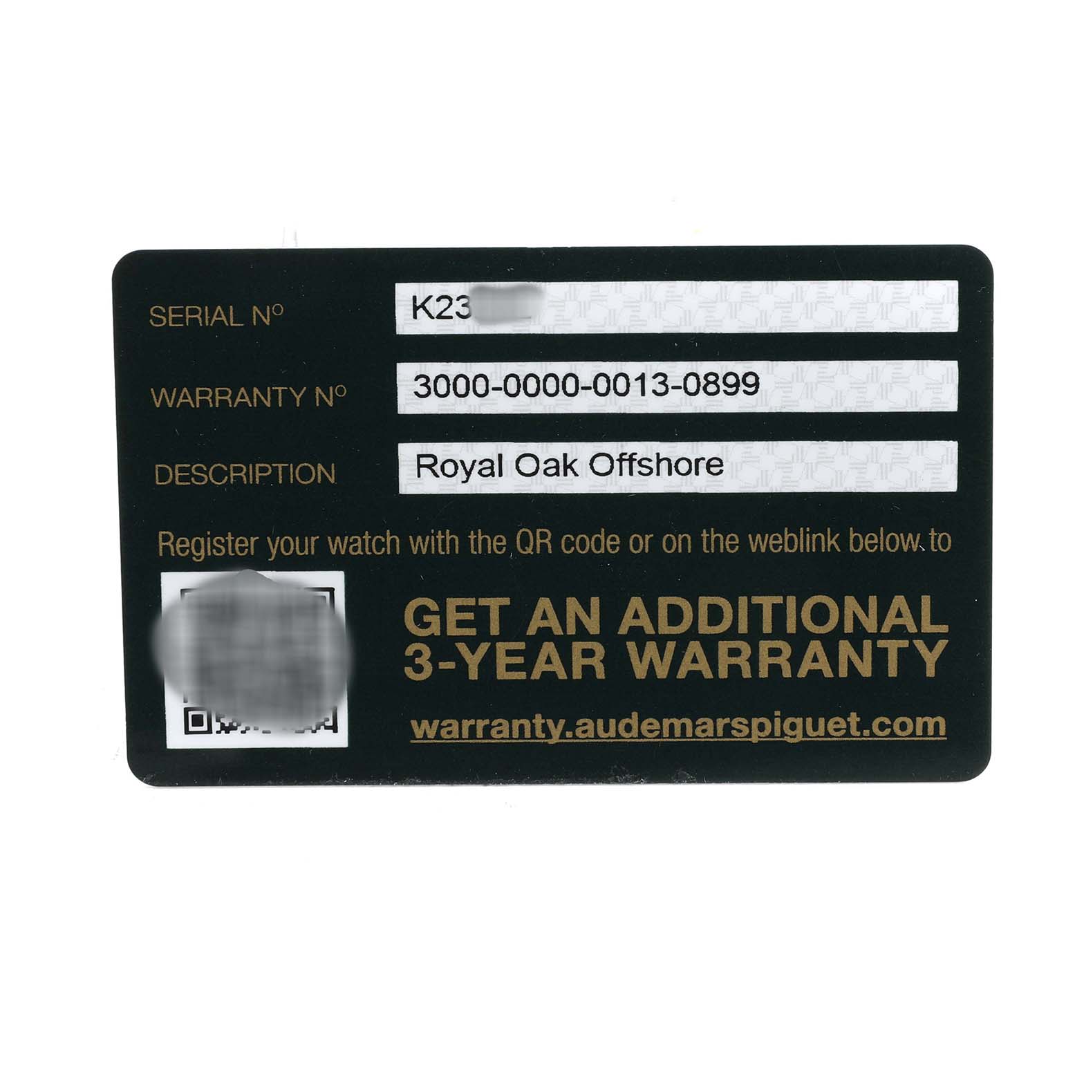 The image shows a warranty card for the Audemars Piguet Royal Oak Offshore 26400IO.OO.A004CA.01 Men's Titanium Grey Dial model from a top-down angle.