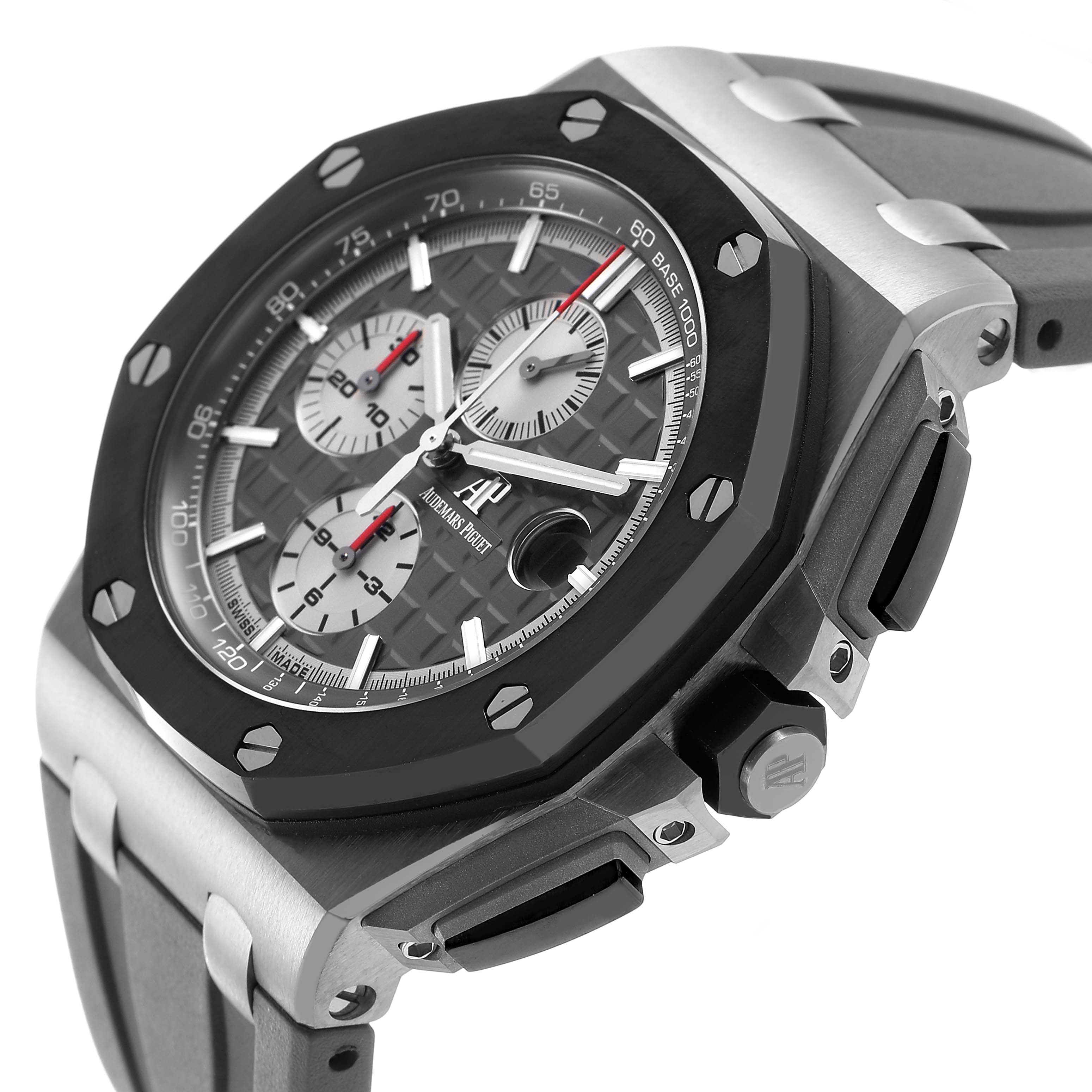 The image shows the Royal Oak Offshore by Audemars Piguet at a slight side angle, highlighting the bezel, dial, and pushers.