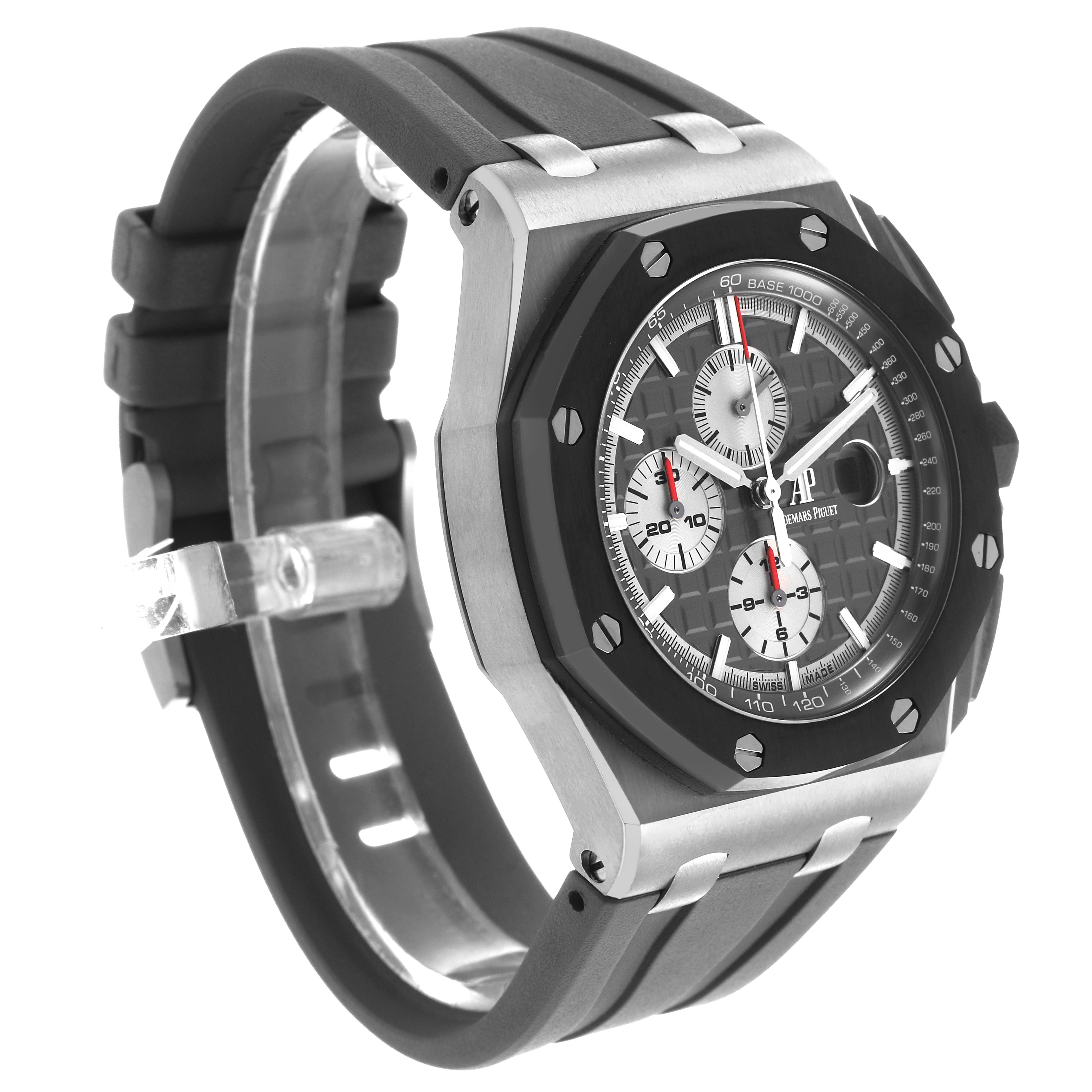 The Audemars Piguet Royal Oak Offshore 26400IO.OO.A004CA.01 Men's Titanium Grey Dial watch is shown at a three-quarter angle, highlighting the case, bezel, dial, and strap.