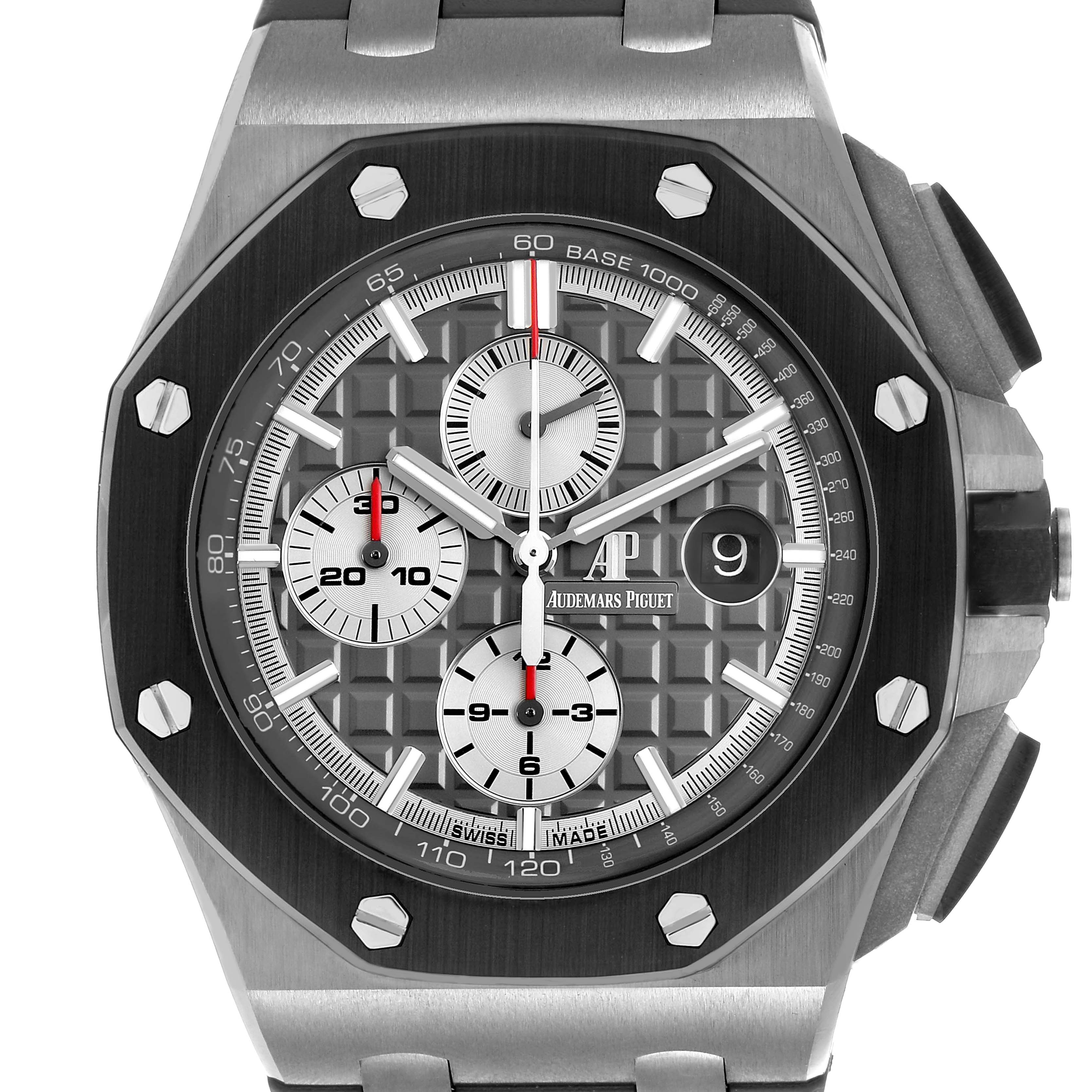 The Audemars Piguet Royal Oak Offshore 26400IO.OO.A004CA.01 Men's Titanium Grey Dial watch is shown from a front angle, highlighting the bezel, dial, sub-dials, and date window.