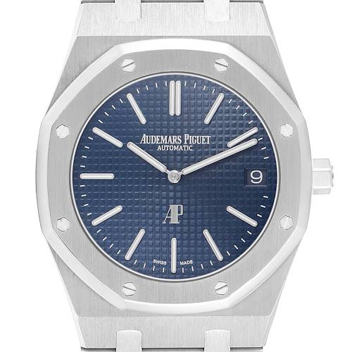 The Audemars Piguet Royal Oak 15202ST.OO.0944ST.02 Men's Stainless Steel Black Dial is shown front-facing, highlighting the blue dial, octagonal bezel, and bracelet links.