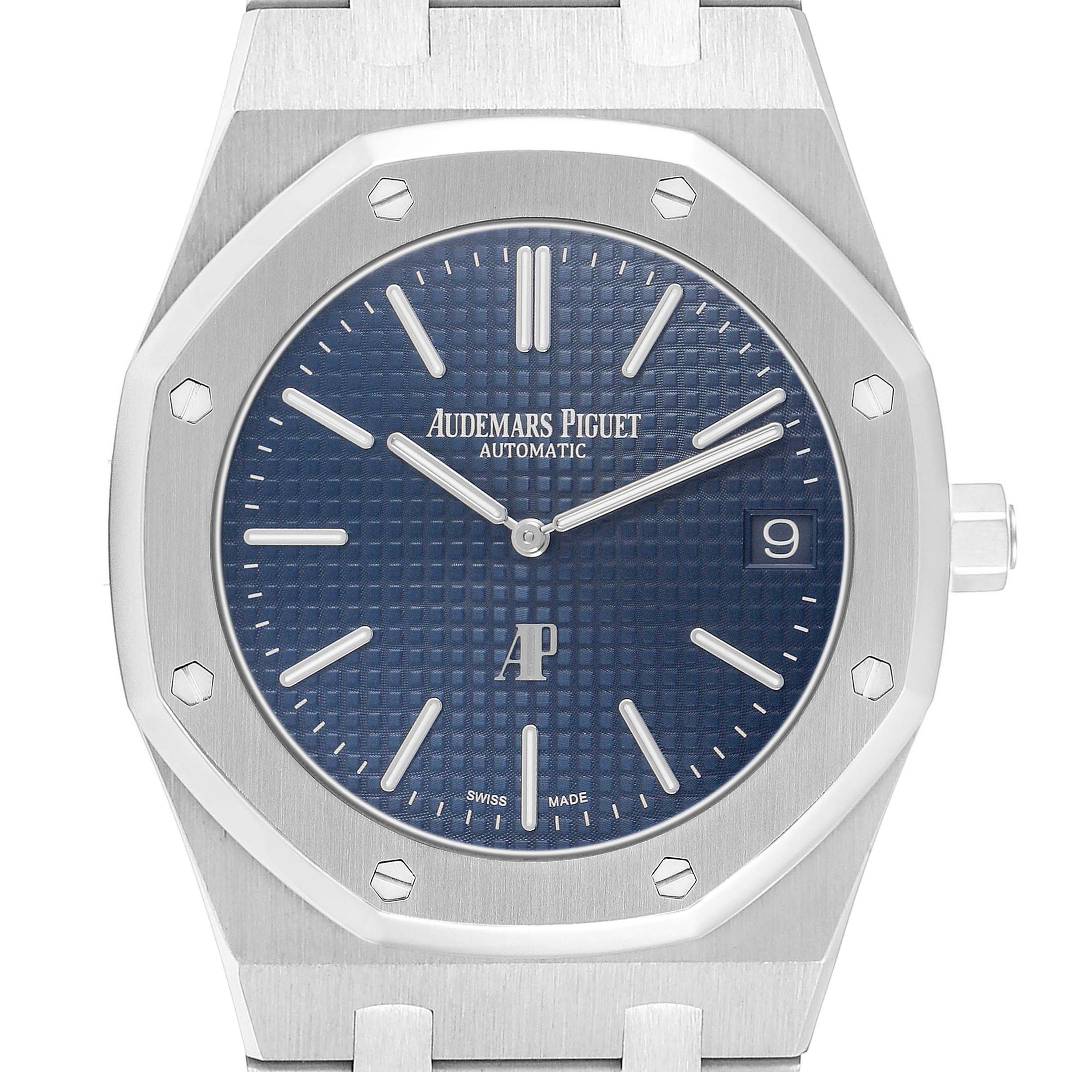 The image shows a front view of an Audemars Piguet Royal Oak 15202ST.OO.0944ST.02 Men's Stainless Steel Black Dial watch, featuring its dial, bezel, and crown.
