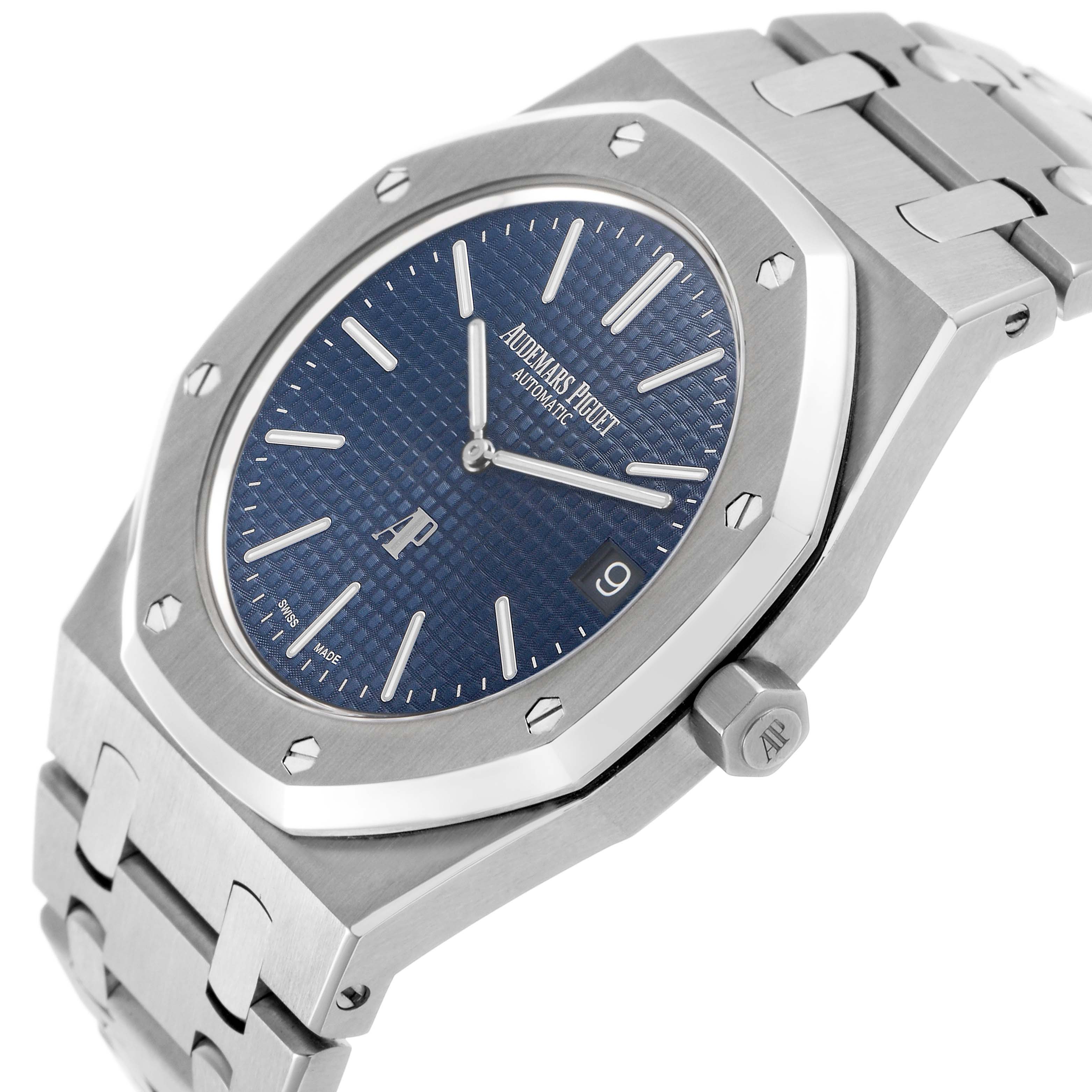 The Audemars Piguet Royal Oak 15202ST.OO.0944ST.02 Men's Stainless Steel Black Dial is shown at a slight angle, featuring its blue textured dial, octagonal bezel, and stainless steel bracelet.