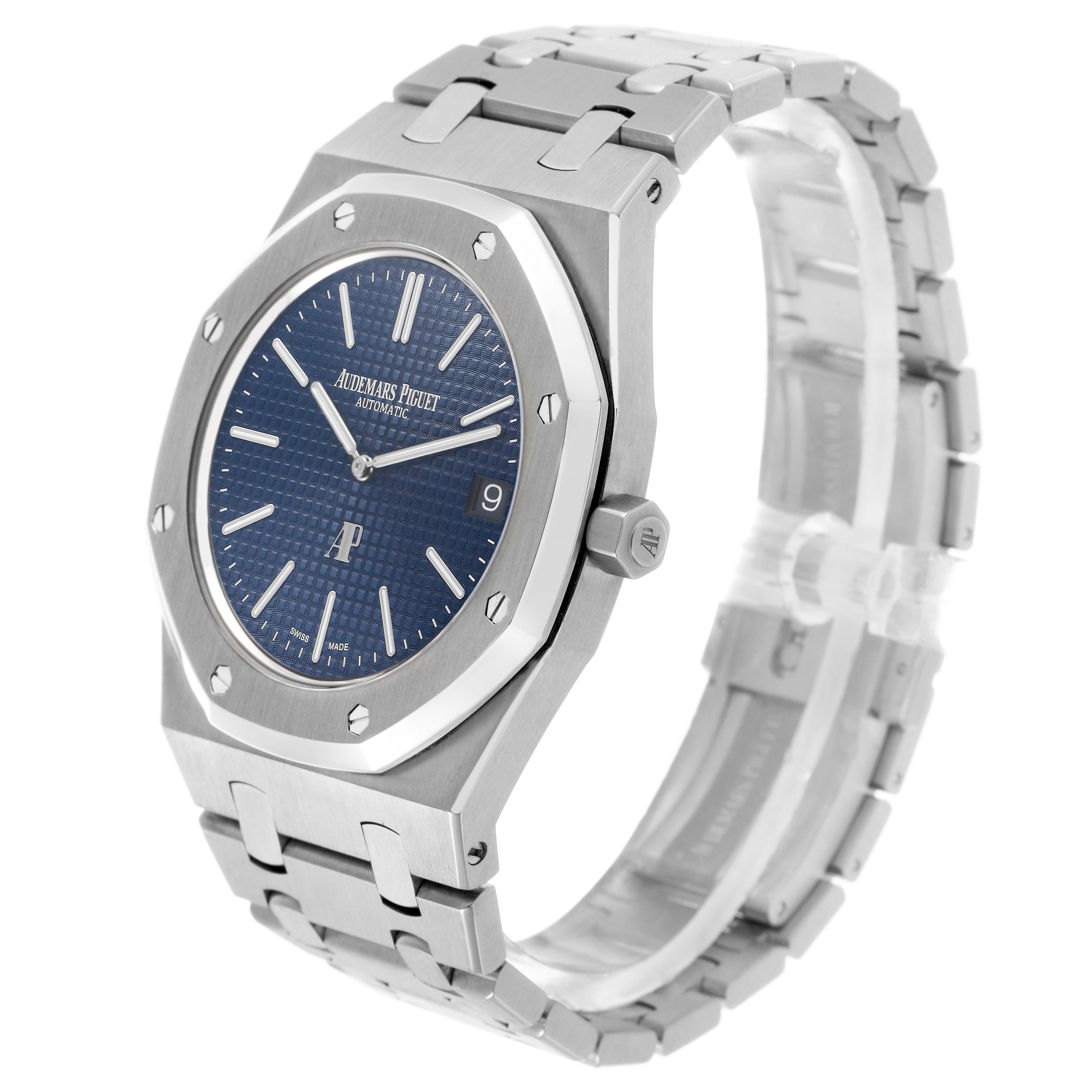 The image shows a side angle of the Audemars Piguet Royal Oak 15202ST.OO.0944ST.02 Men's Stainless Steel Black Dial, highlighting its bracelet, case, and crown.