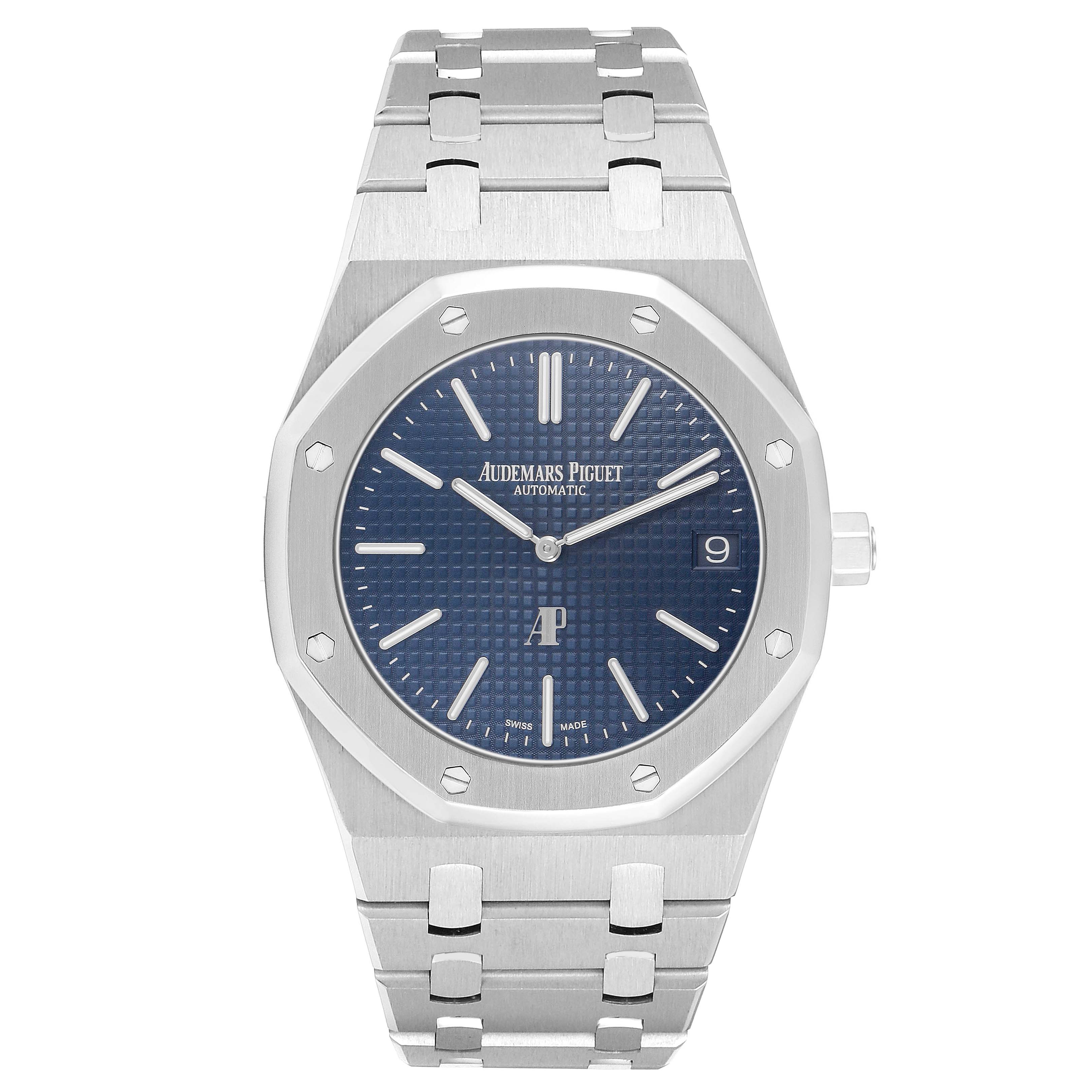 The Audemars Piguet Royal Oak 15202ST.OO.0944ST.02 Men's Stainless Steel Black Dial watch is shown from the front, highlighting the dial, case, and bracelet.