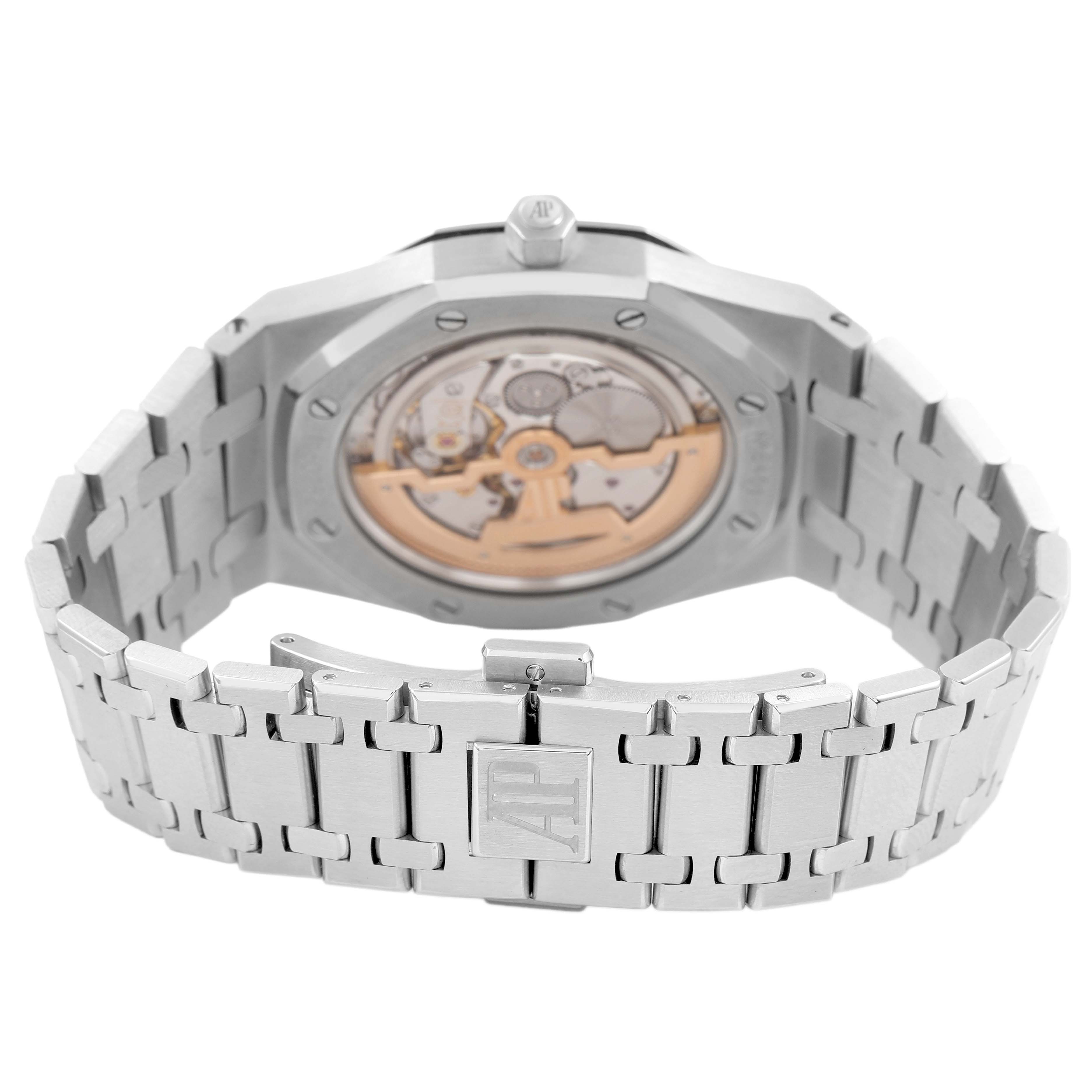 The image shows the back view of an Audemars Piguet Royal Oak 15202ST.OO.0944ST.02 Men's Stainless Steel Black Dial watch, focusing on the open case back and stainless steel bracelet.