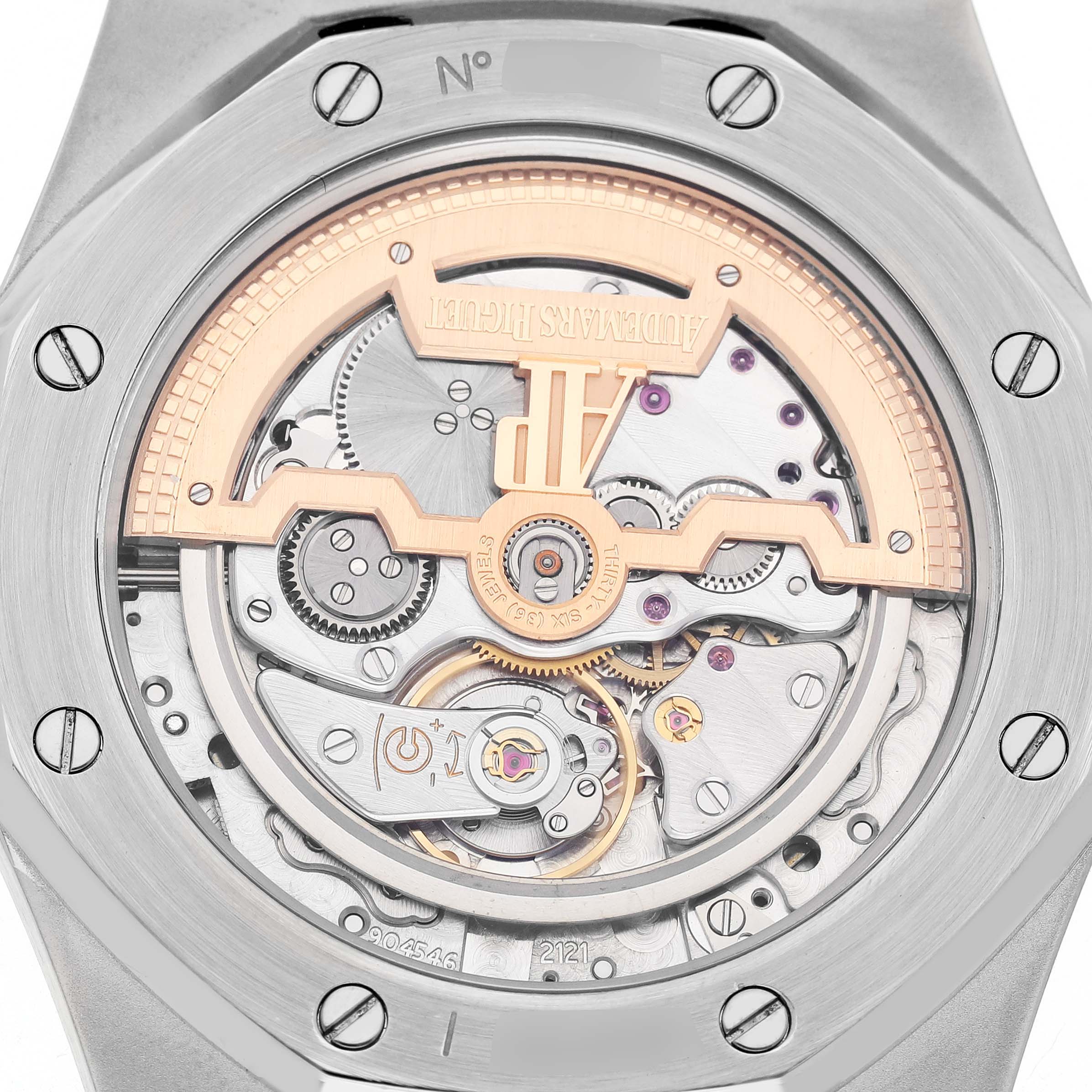 The image shows the back view of an Audemars Piguet Royal Oak 15202ST.OO.0944ST.02 Men's Stainless Steel Black Dial watch, highlighting its exposed mechanical movement.
