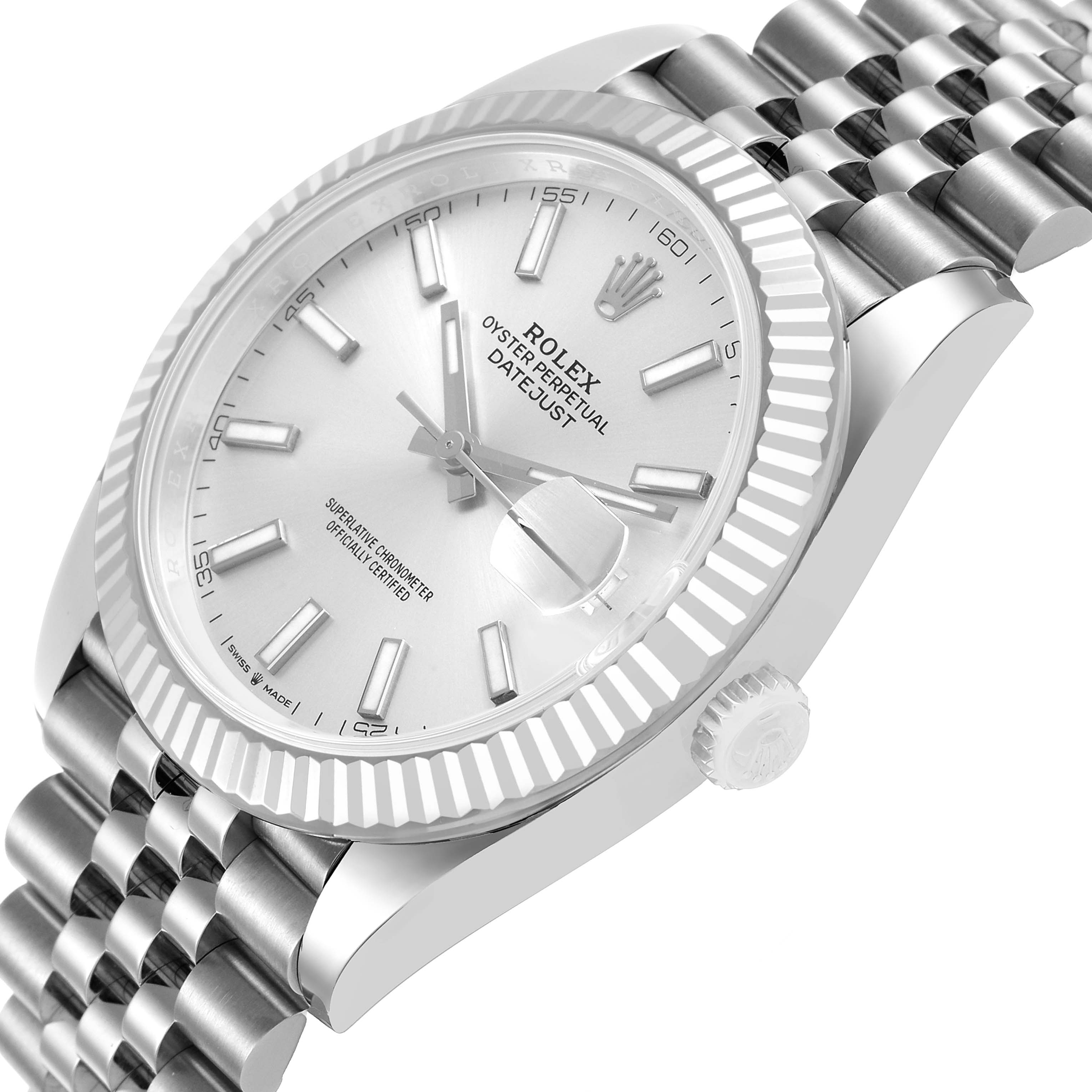 This image shows a Rolex Datejust watch, displaying its dial, fluted bezel, and bracelet at a slight side angle.