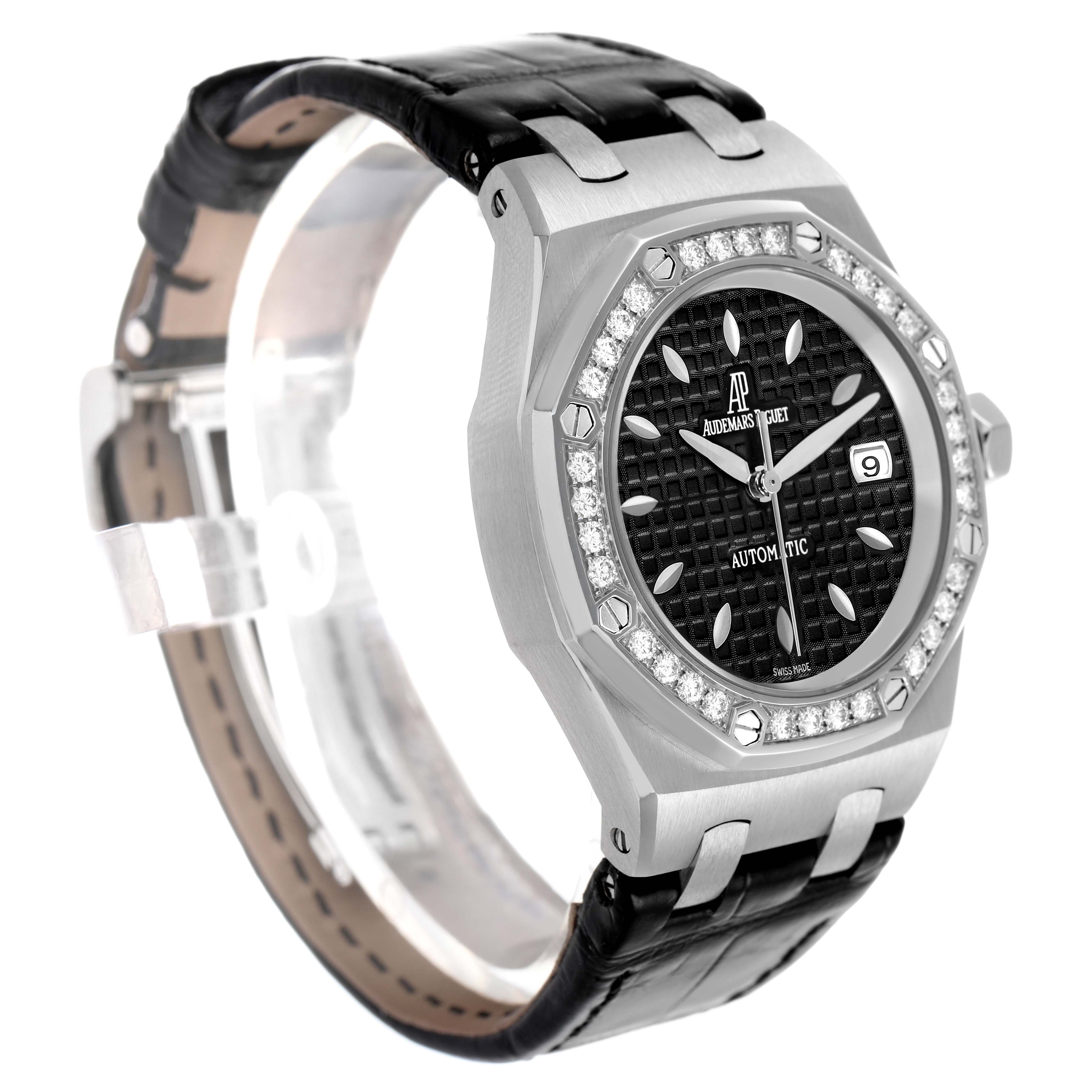 The image shows a side view of the Audemars Piguet Royal Oak 77321ST.ZZ.D002CR.01 Women's Stainless Steel Black Dial, highlighting its bezel, face, crown, and leather strap.