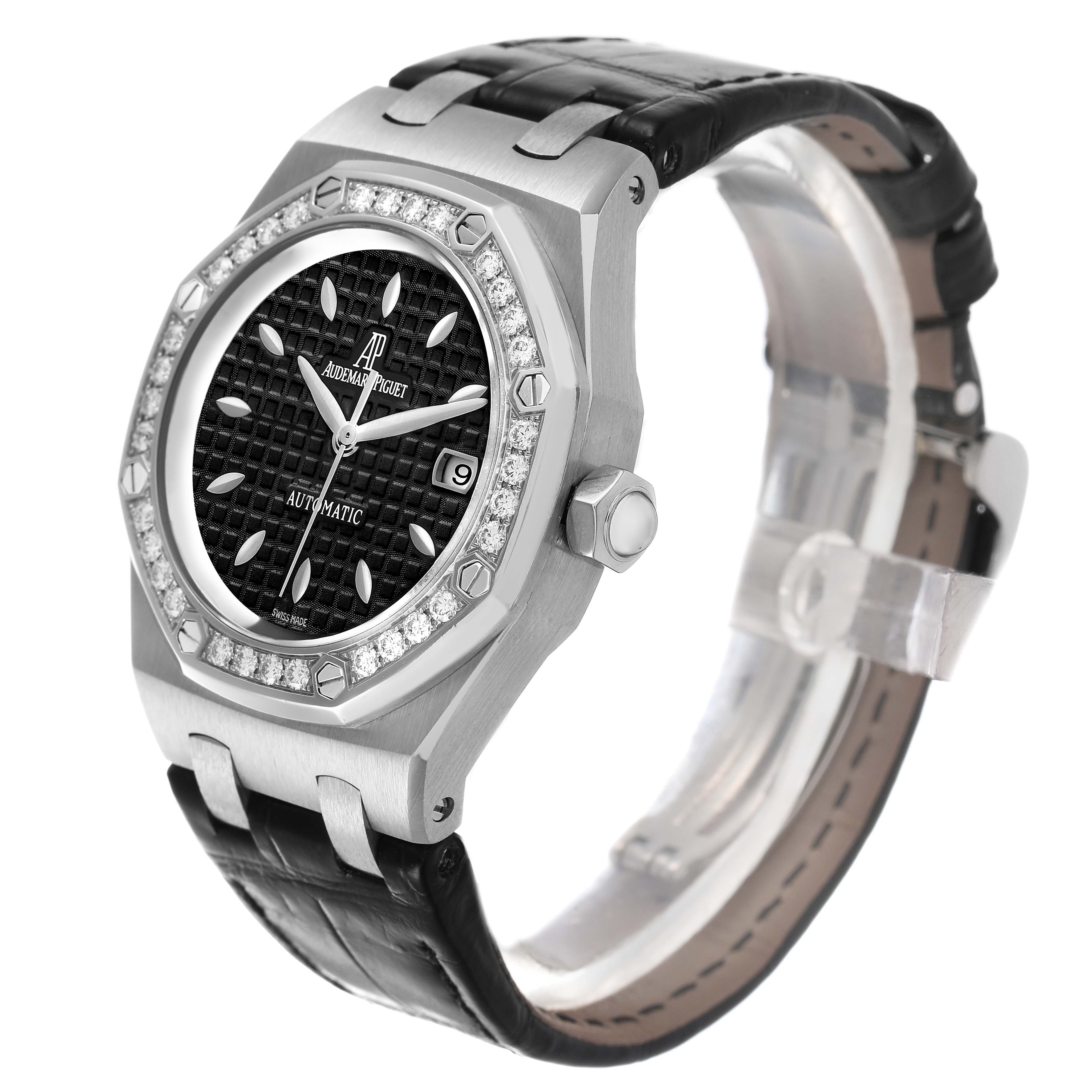 The Audemars Piguet Royal Oak 77321ST.ZZ.D002CR.01 Women's Stainless Steel Black Dial watch is shown at a three-quarter angle, displaying the face, bezel, crown, and strap.