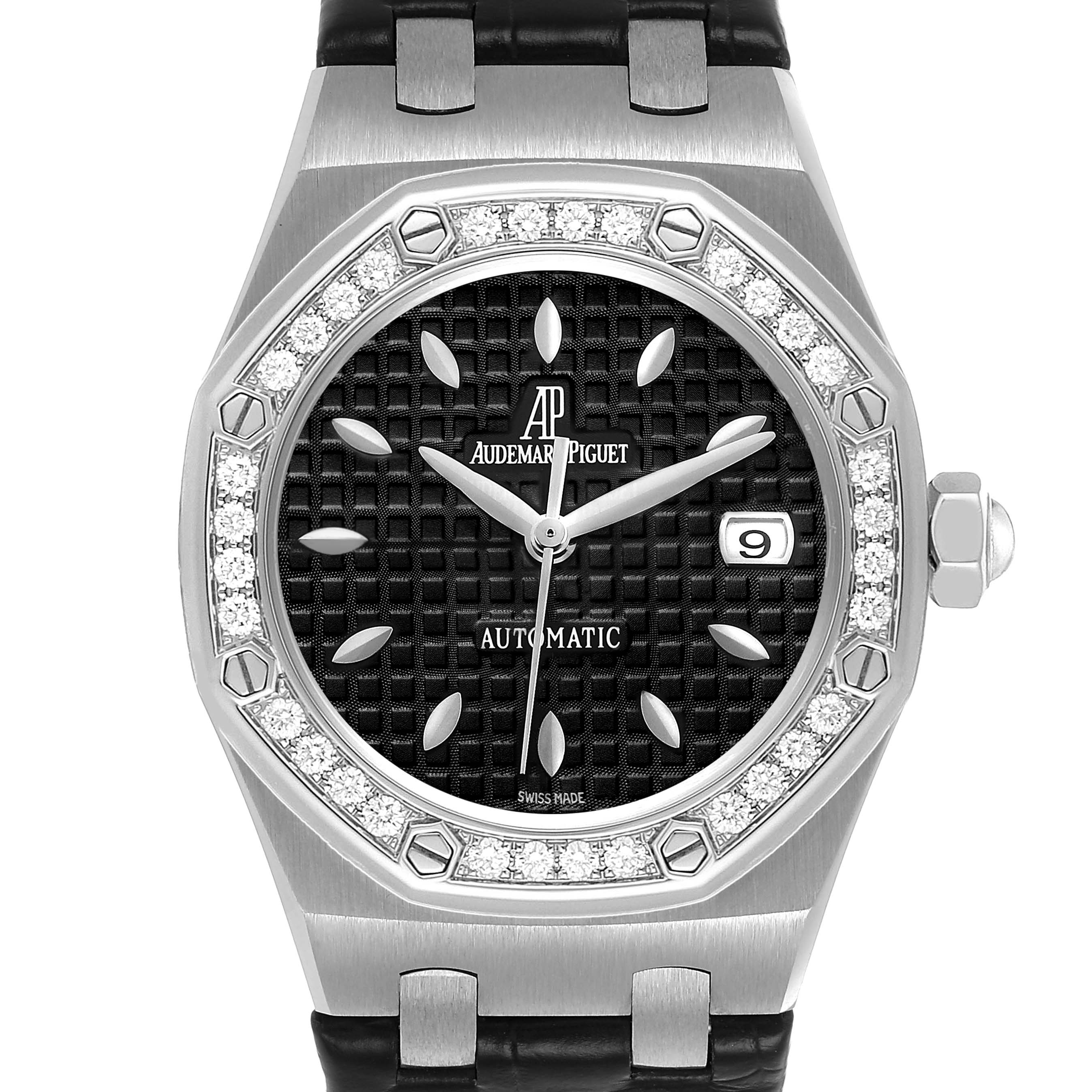 The Audemars Piguet Royal Oak 77321ST.ZZ.D002CR.01 Women's Stainless Steel Black Dial watch is shown from the front, displaying the dial, bezel, date window, and part of the strap.