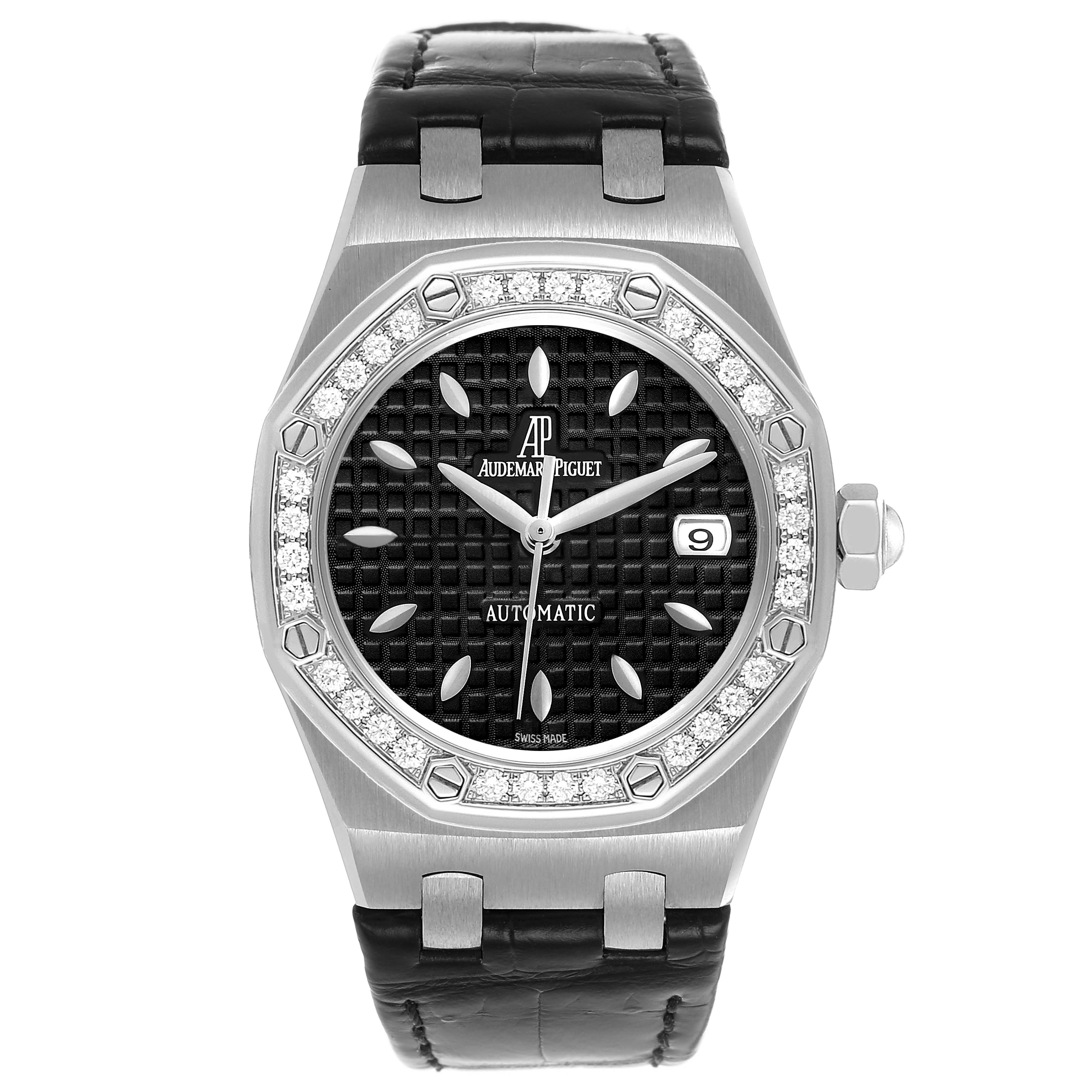The Audemars Piguet Royal Oak 77321ST.ZZ.D002CR.01 Women's Stainless Steel Black Dial watch is shown from the front, displaying its dial, bezel, and black leather strap.