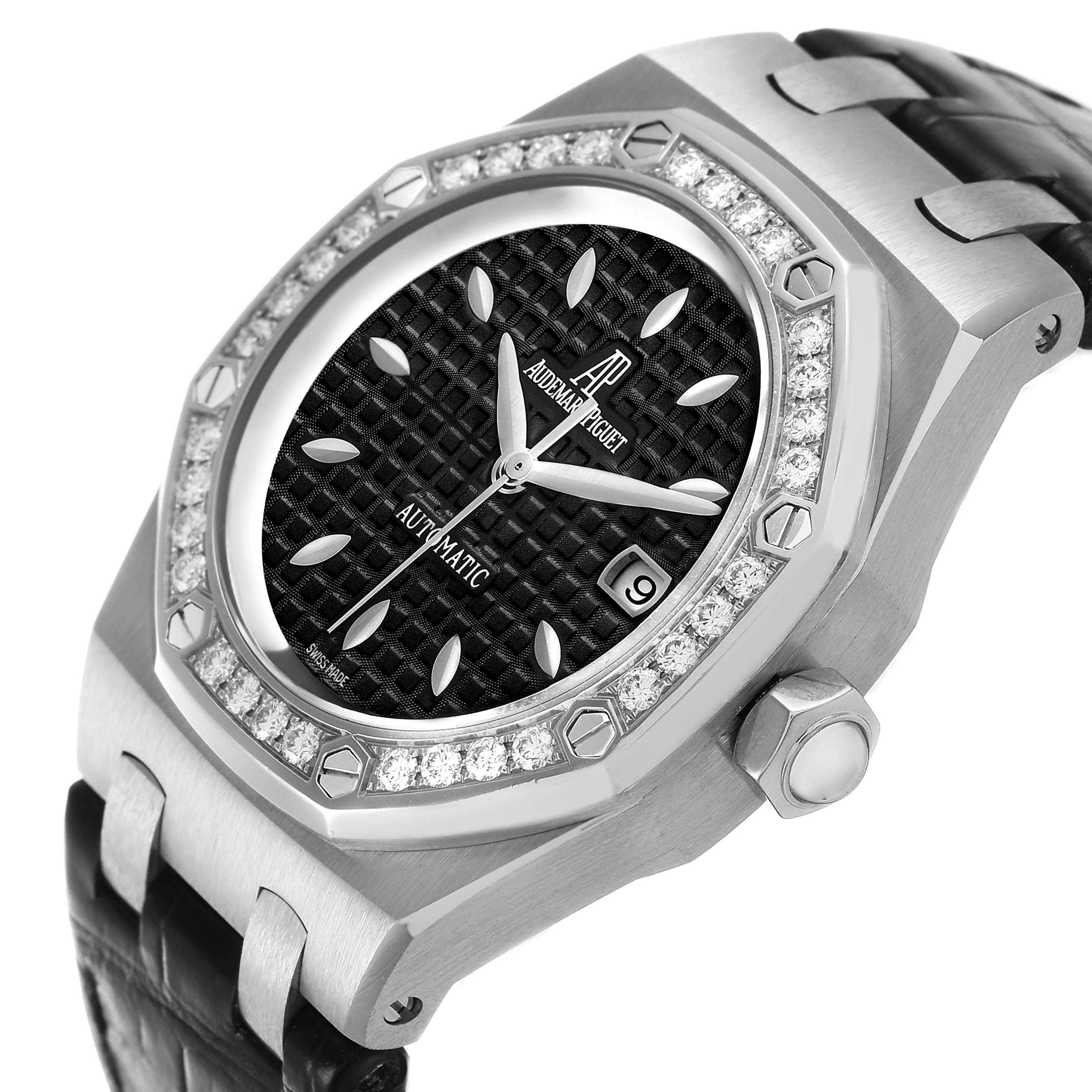 The Audemars Piguet Royal Oak 77321ST.ZZ.D002CR.01 Women's Stainless Steel Black Dial is shown at an angled view, highlighting the bezel, dial, bracelet, and crown.