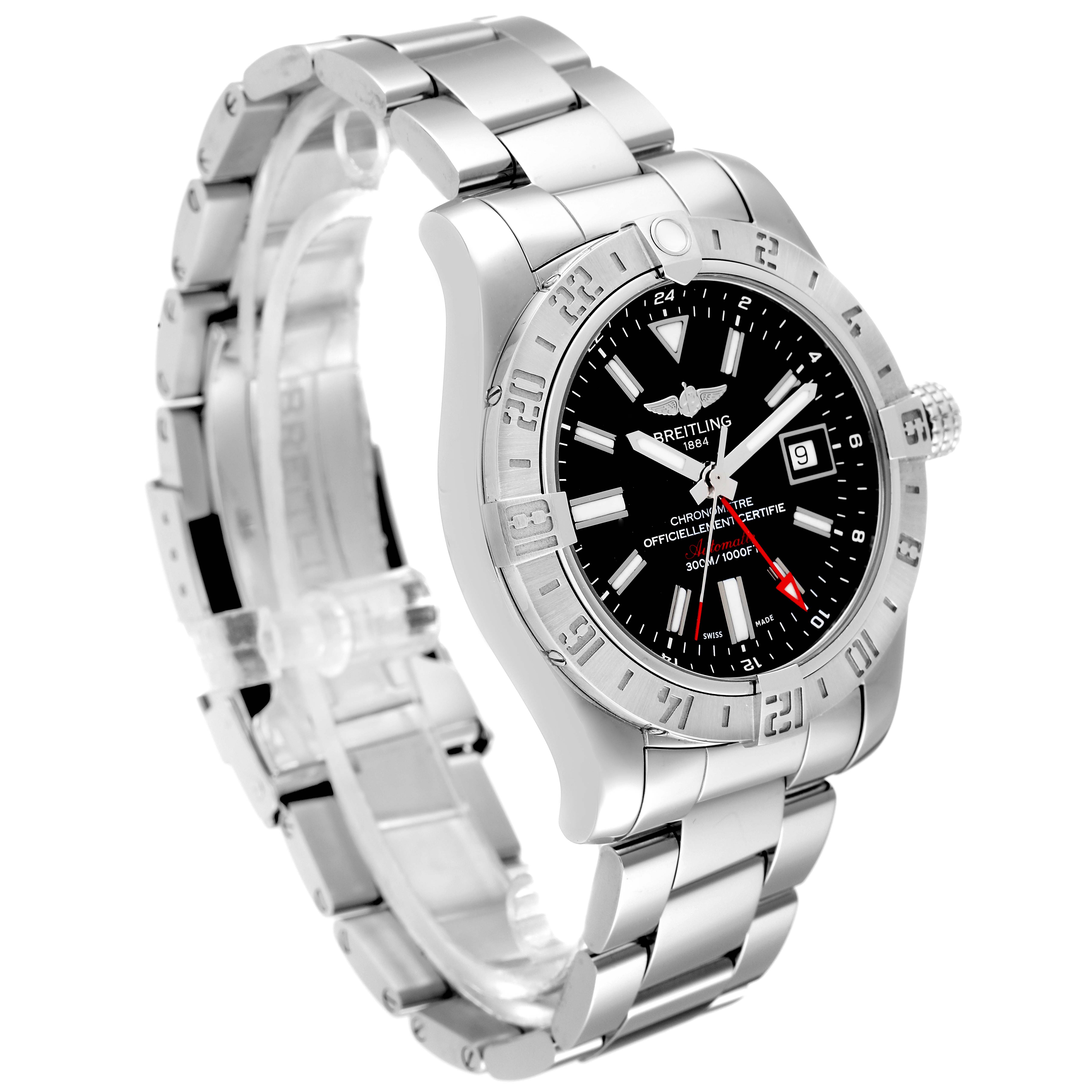 The image shows a Breitling Avenger A3239011-C872-170A Men's Stainless Steel Black Dial A3239011-C872-170A Men's Stainless Steel Black Dial model at a three-quarter angle, featuring its stainless steel bracelet and black dial.