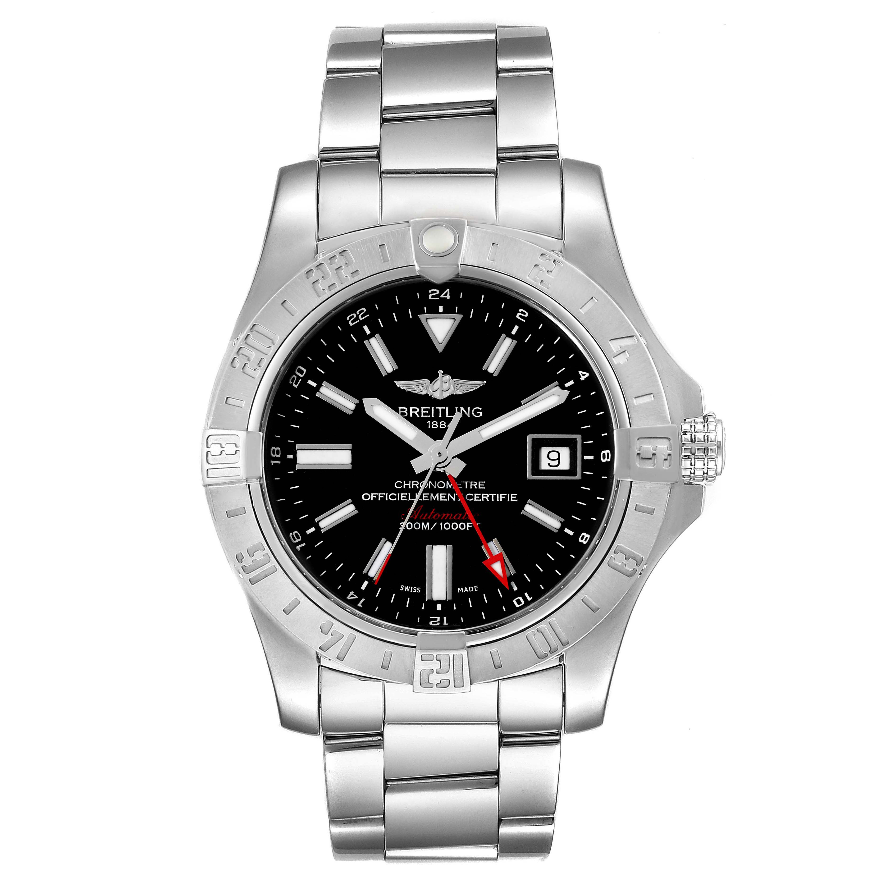 The Breitling Avenger A3239011-C872-170A Men's Stainless Steel Black Dial A3239011-C872-170A Men's Stainless Steel Black Dial watch is shown from a front angle, displaying its dial, bezel, and bracelet.