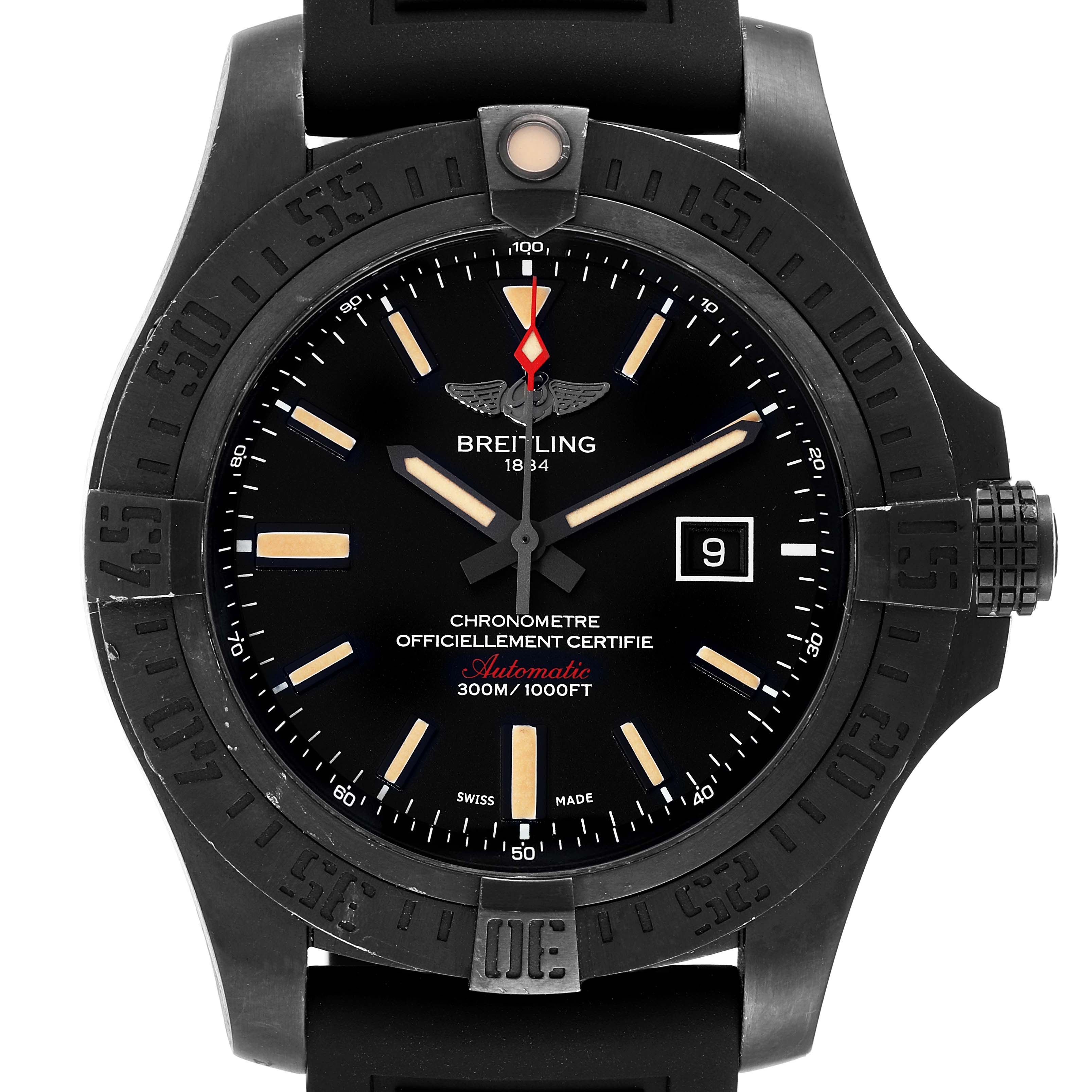 This image shows a front view of the Avenger model by Breitling, highlighting the dial, bezel, and crown.