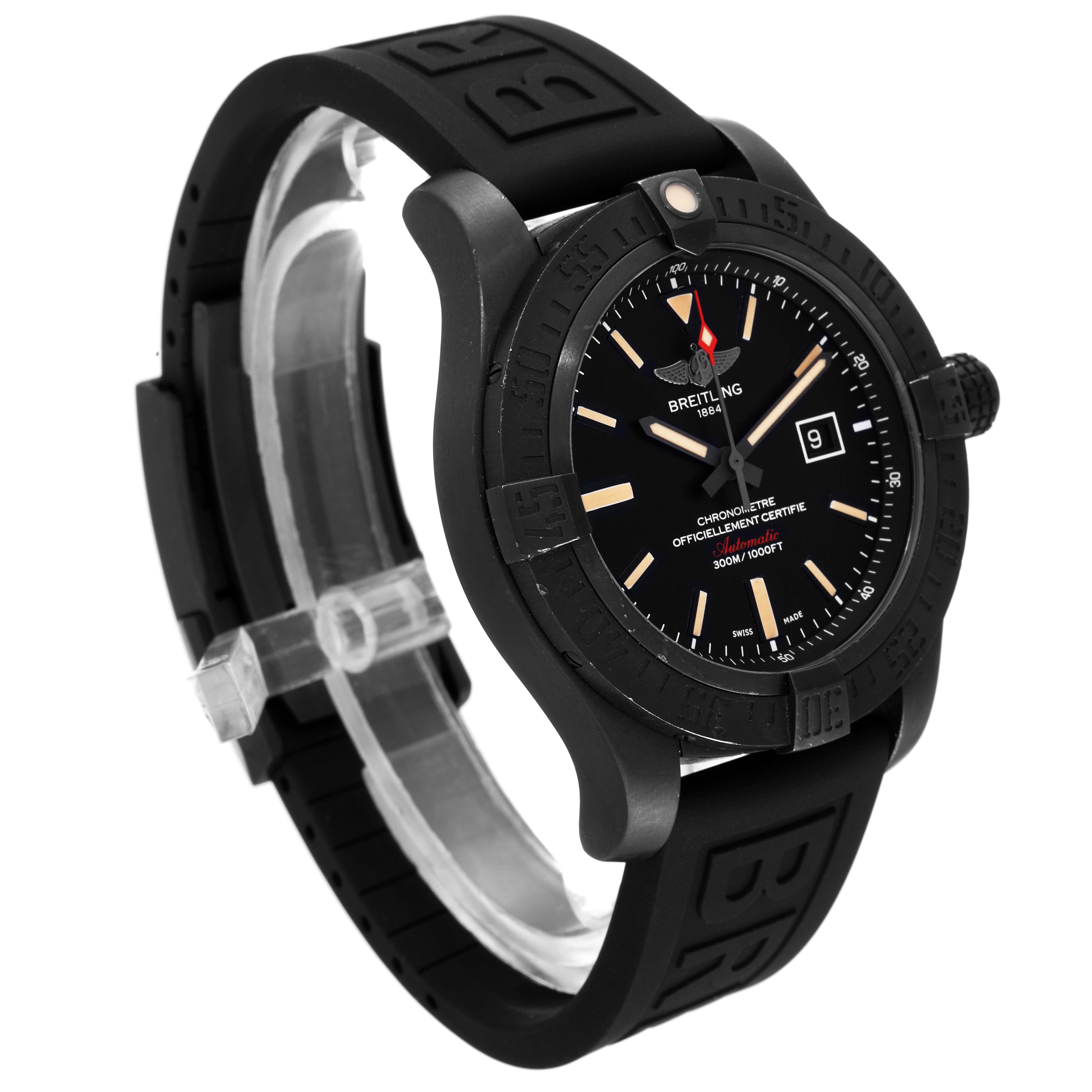 The image shows a side angle of the Breitling Avenger V17310 Men's Titanium Black Dial V17310 Men's Titanium Black Dial watch, highlighting its black dial, strap, bezel, and crown.