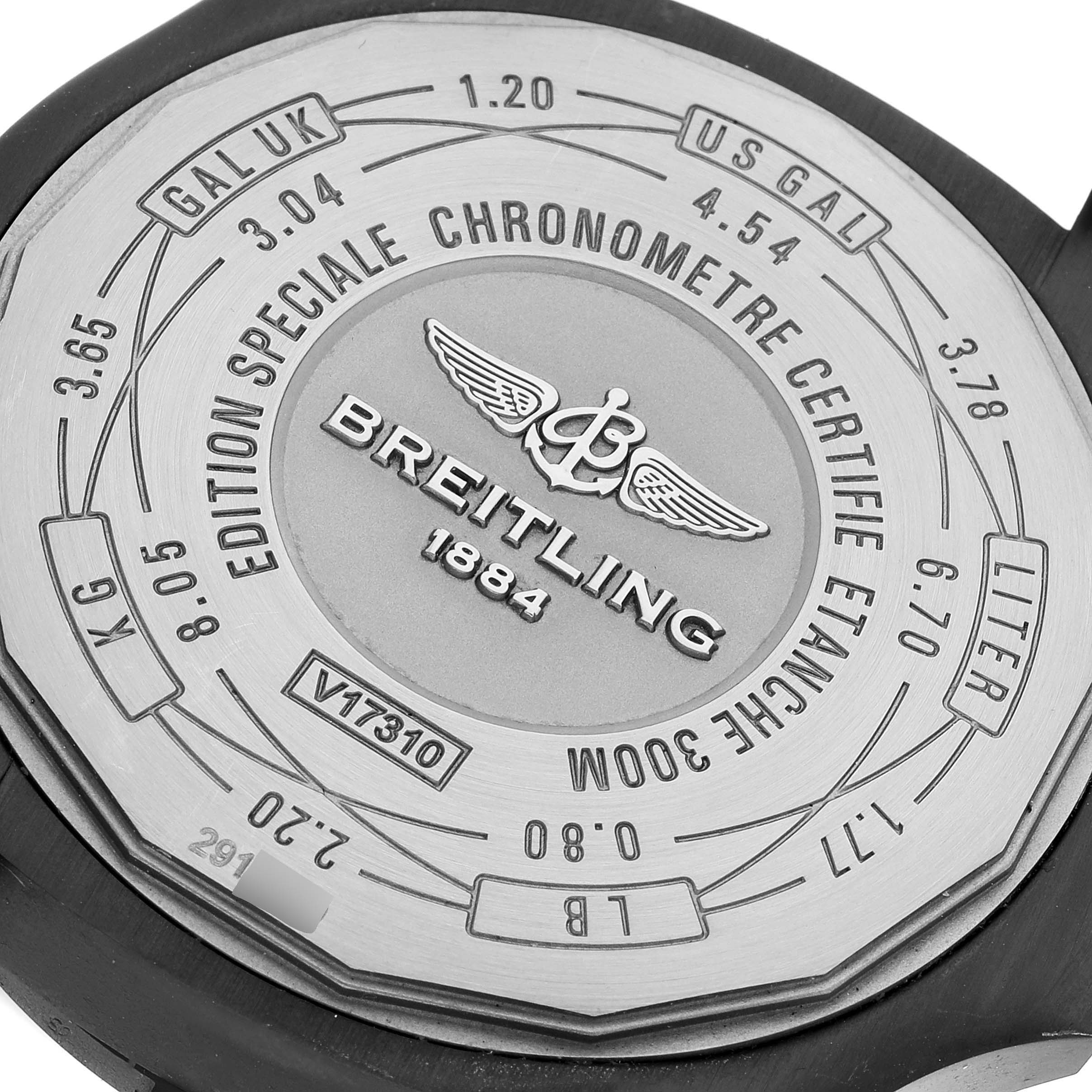 The image shows the case back of a Breitling Avenger V17310 Men's Titanium Black Dial V17310 Men's Titanium Black Dial watch with detailed engravings and conversion markings.