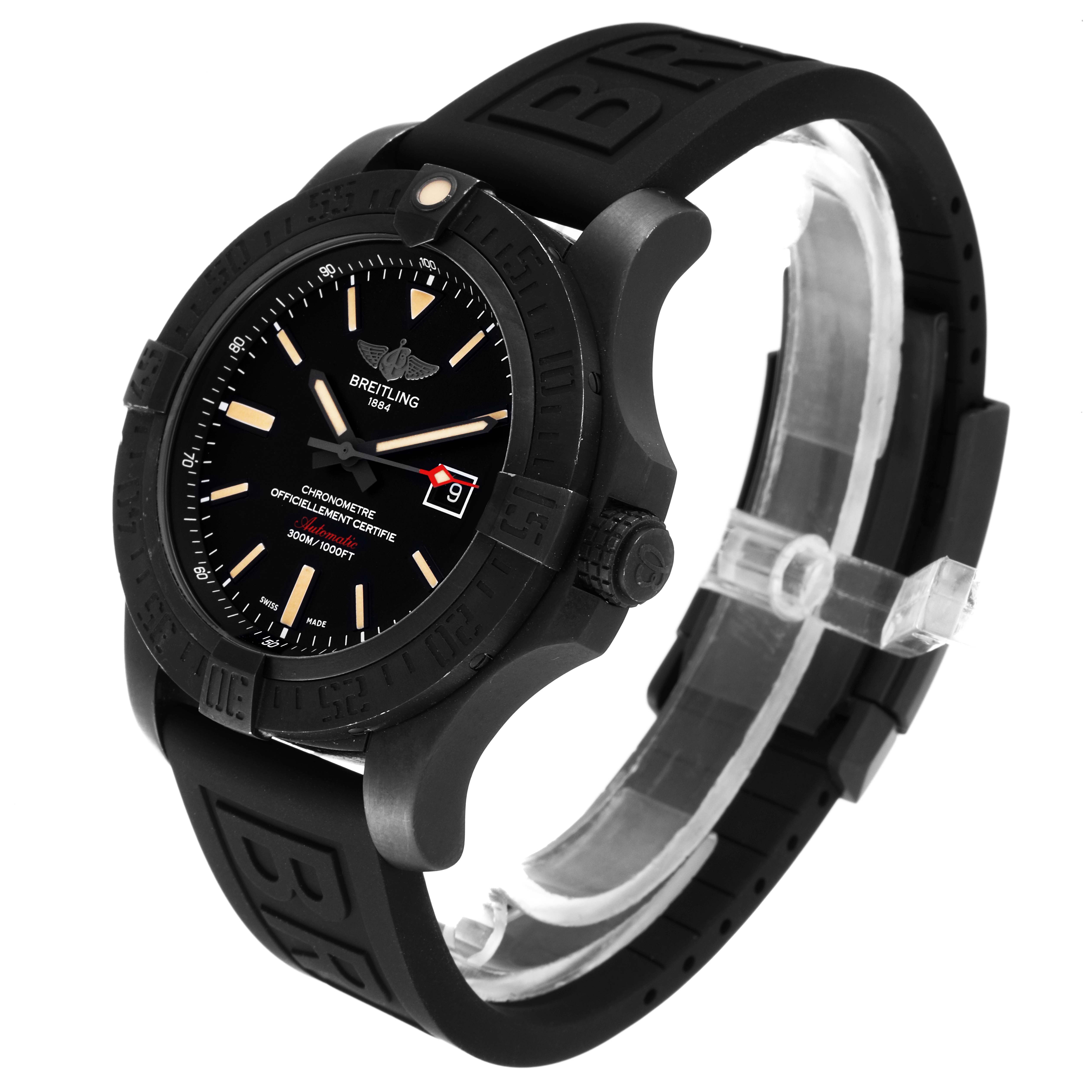 The Breitling Avenger V17310 Men's Titanium Black Dial V17310 Men's Titanium Black Dial watch is shown from a front-side angle displaying the face, bezel, and rubber strap.