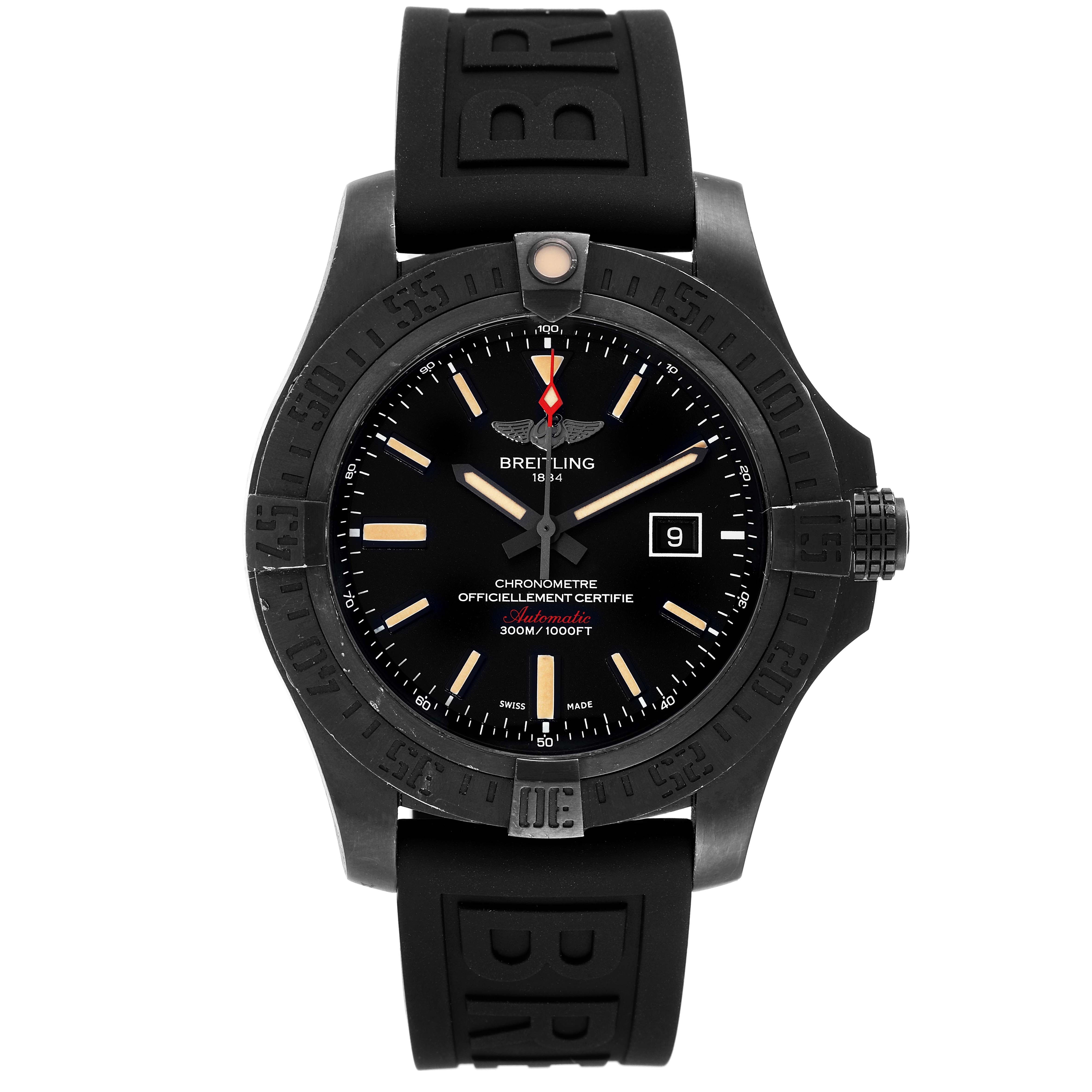 This image shows a front view of a Breitling Avenger V17310 Men's Titanium Black Dial V17310 Men's Titanium Black Dial watch, highlighting the face, bezel, crown, and rubber strap.