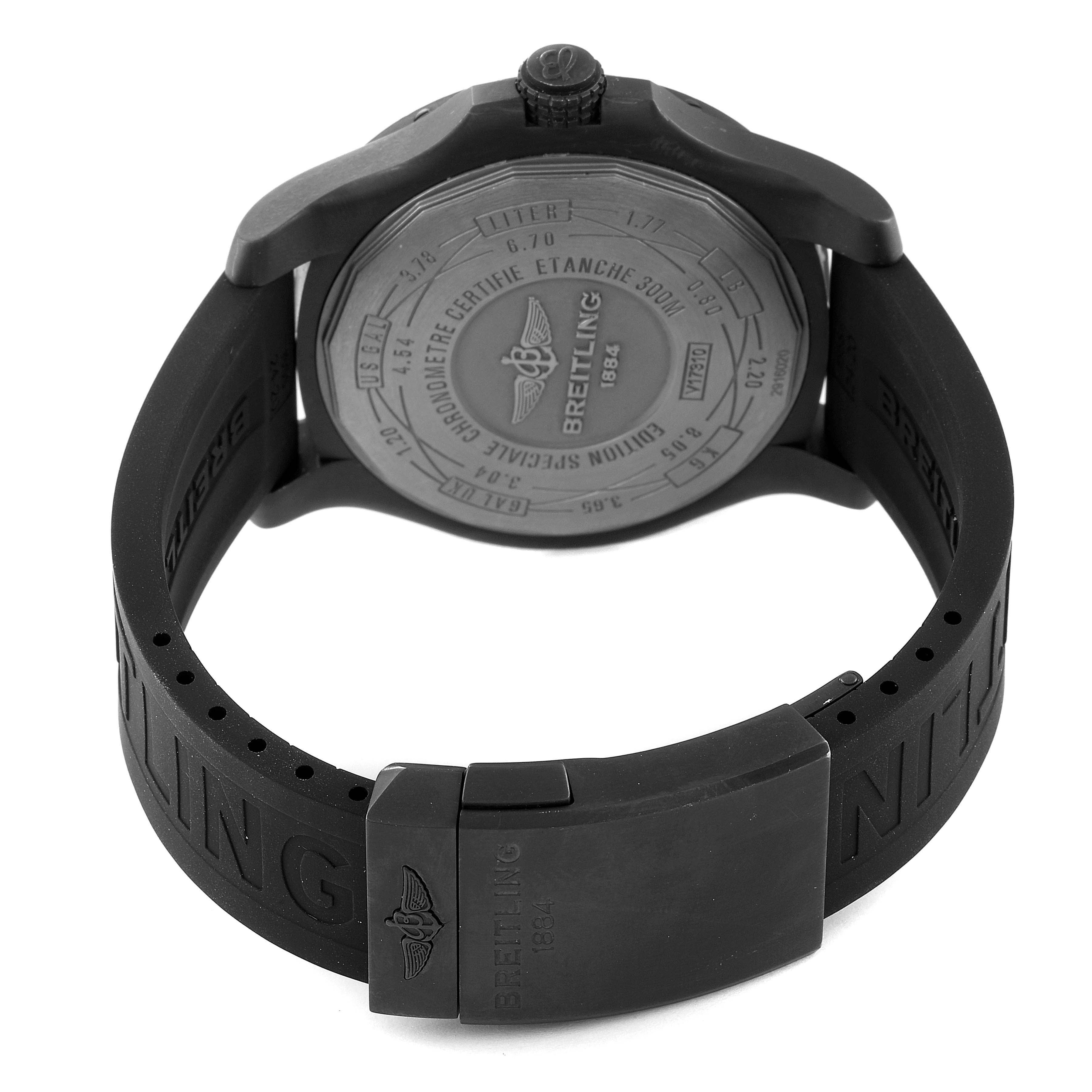 This image shows the back and strap of a Breitling Avenger V17310 Men's Titanium Black Dial V17310 Men's Titanium Black Dial watch, highlighting the clasp and engraved case back.