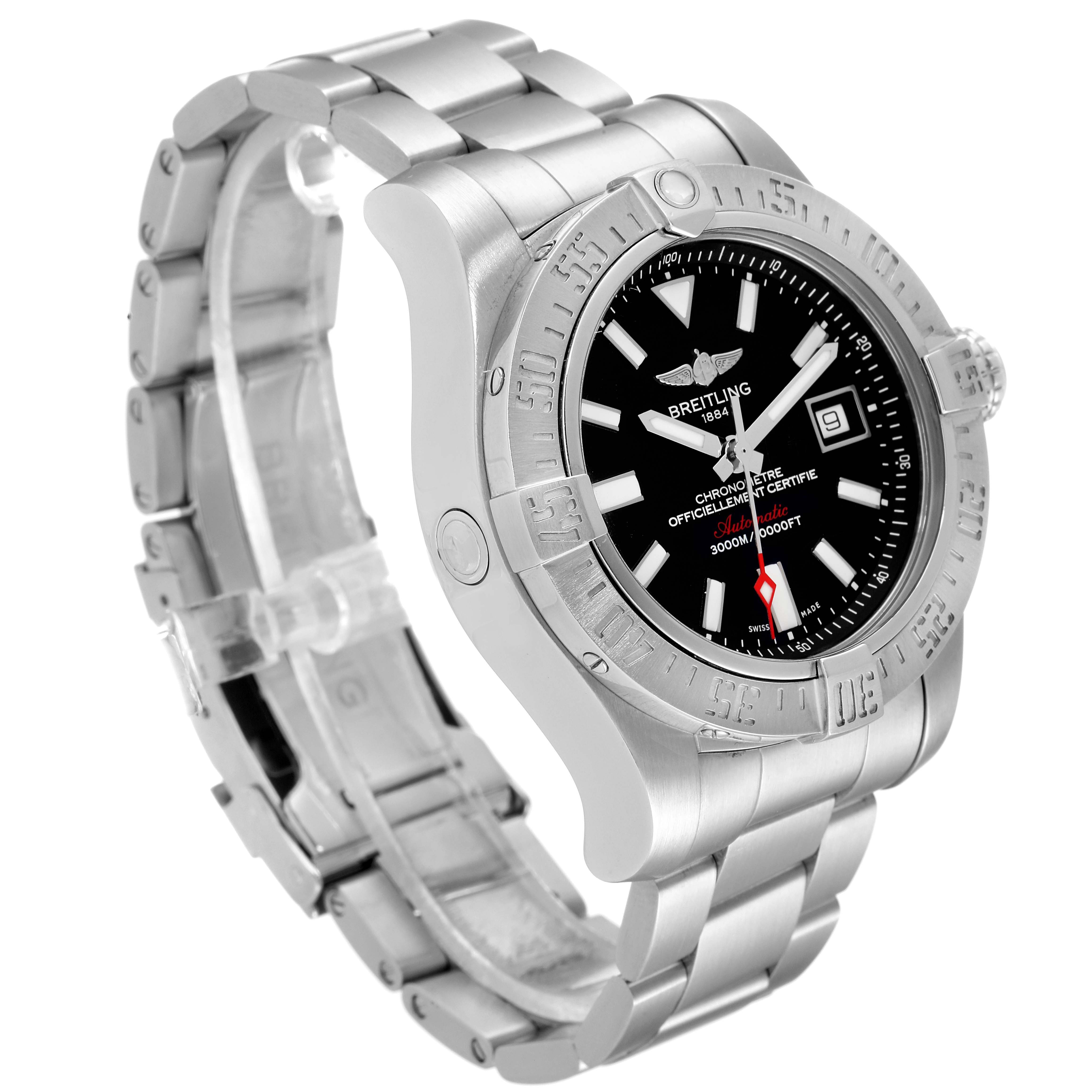 The Breitling Avenger A17331 Men's Stainless Steel Black Dial A17331 Men's Stainless Steel Black Dial watch is shown at an angle displaying the face, bezel, case, bracelet, and clasp. 