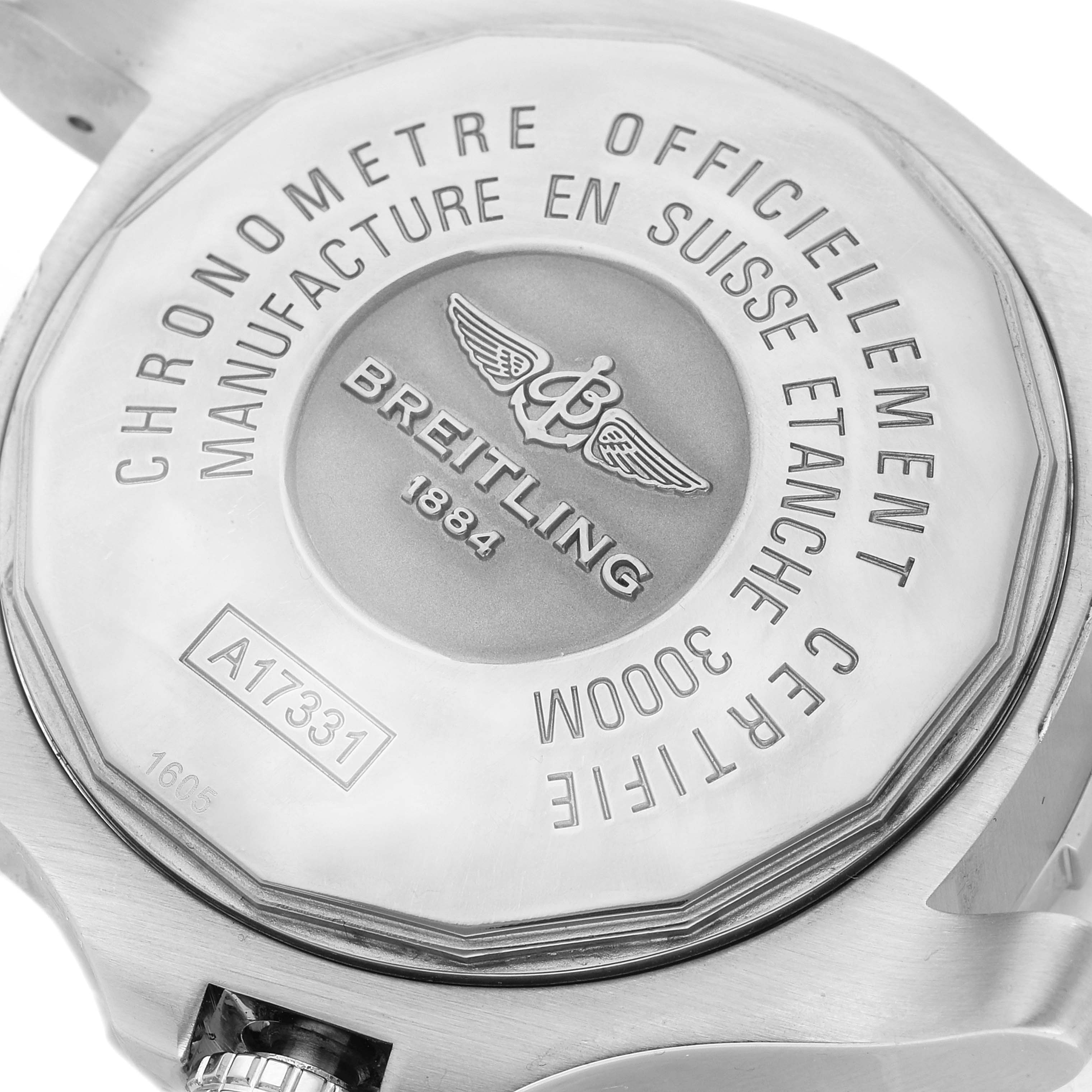 The image shows the back case of the Breitling Avenger A17331 Men's Stainless Steel Black Dial A17331 Men's Stainless Steel Black Dial watch, highlighting the engravings and model number.