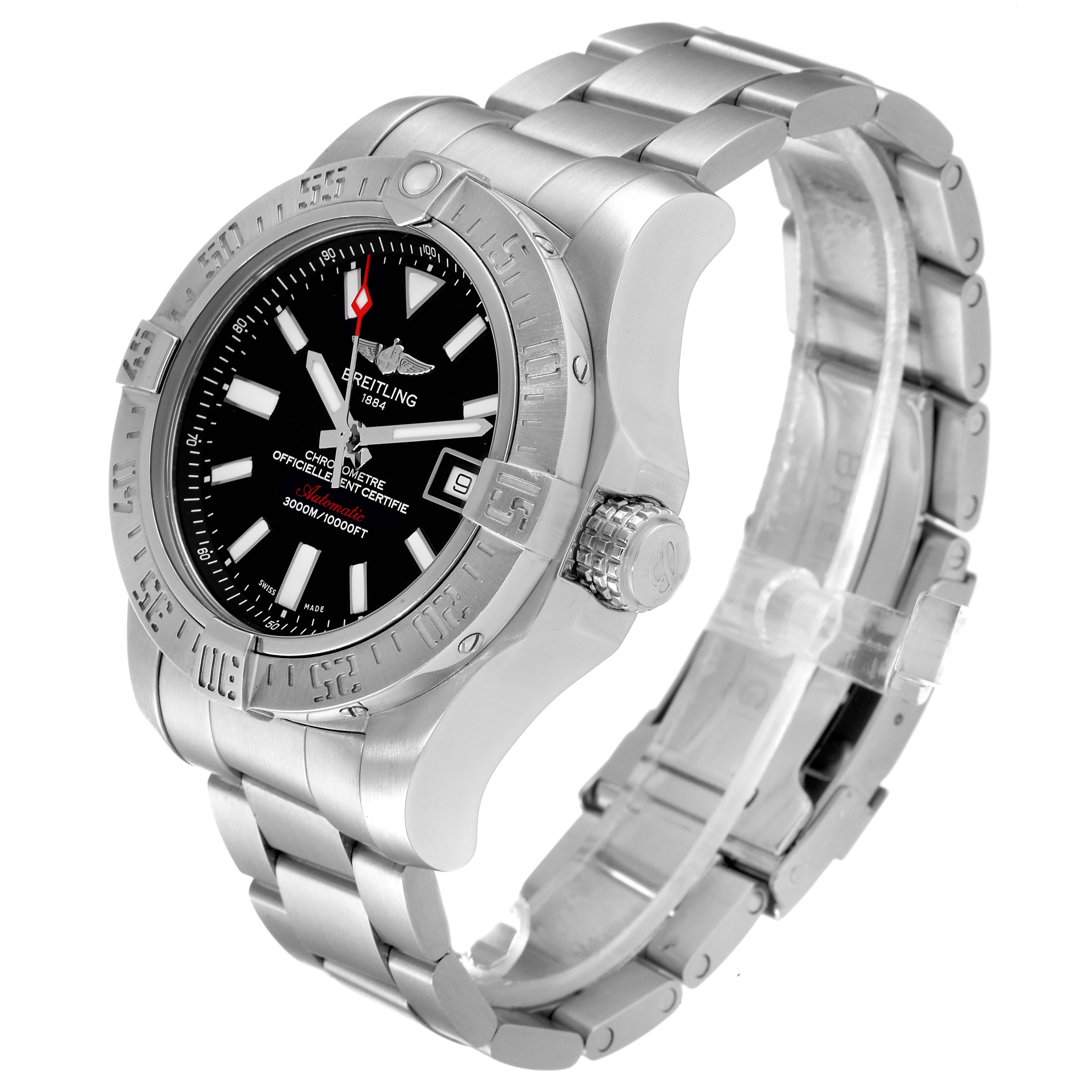 The image shows a Breitling Avenger A17331 Men's Stainless Steel Black Dial A17331 Men's Stainless Steel Black Dial watch at an angled side view, highlighting the bezel, crown, bracelet, and black dial.