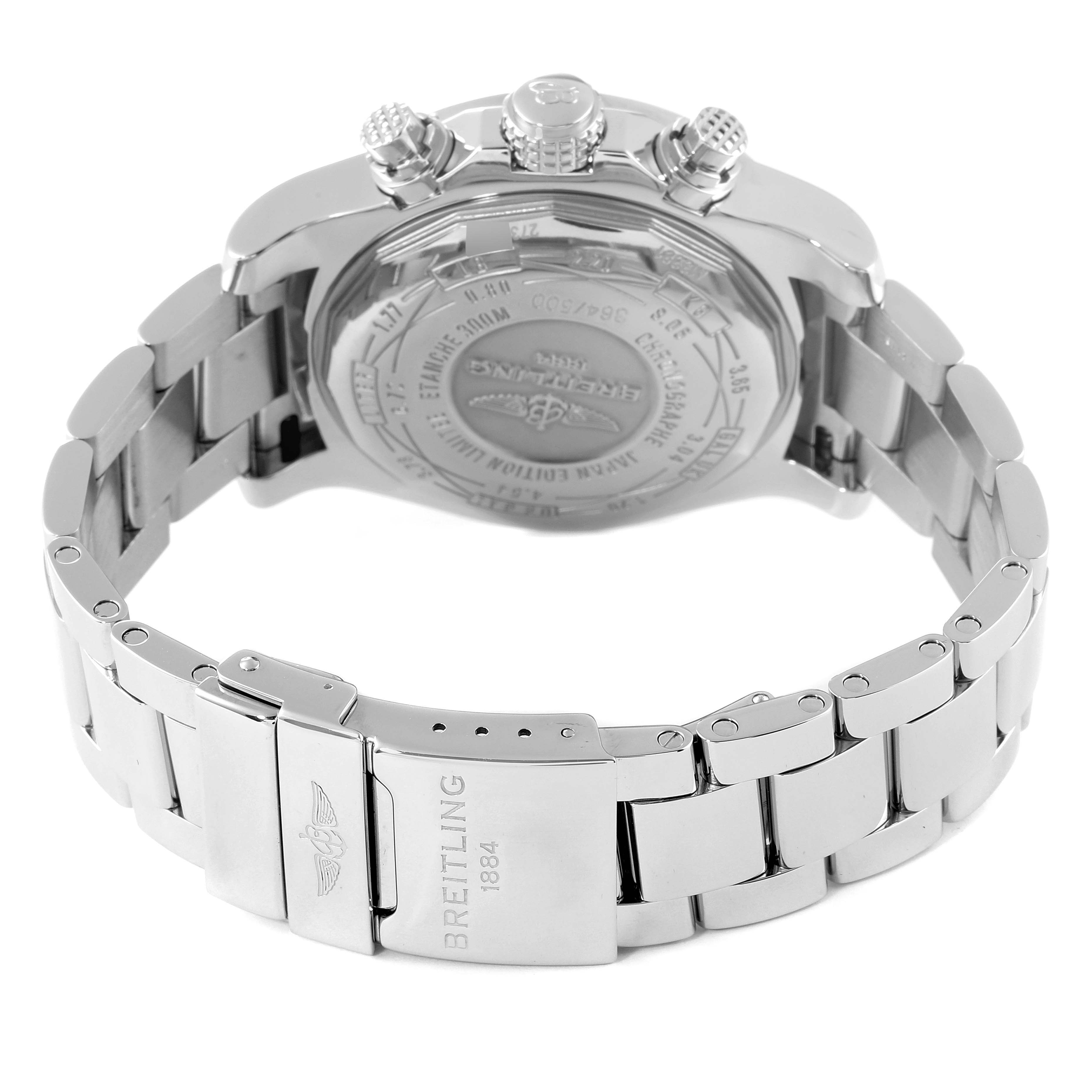 The image shows the back case and clasp of a Breitling Avenger A13381 Men
s Stainless Steel White Dial A13381 Men
s Stainless Steel White Dial watch from a rear angle.