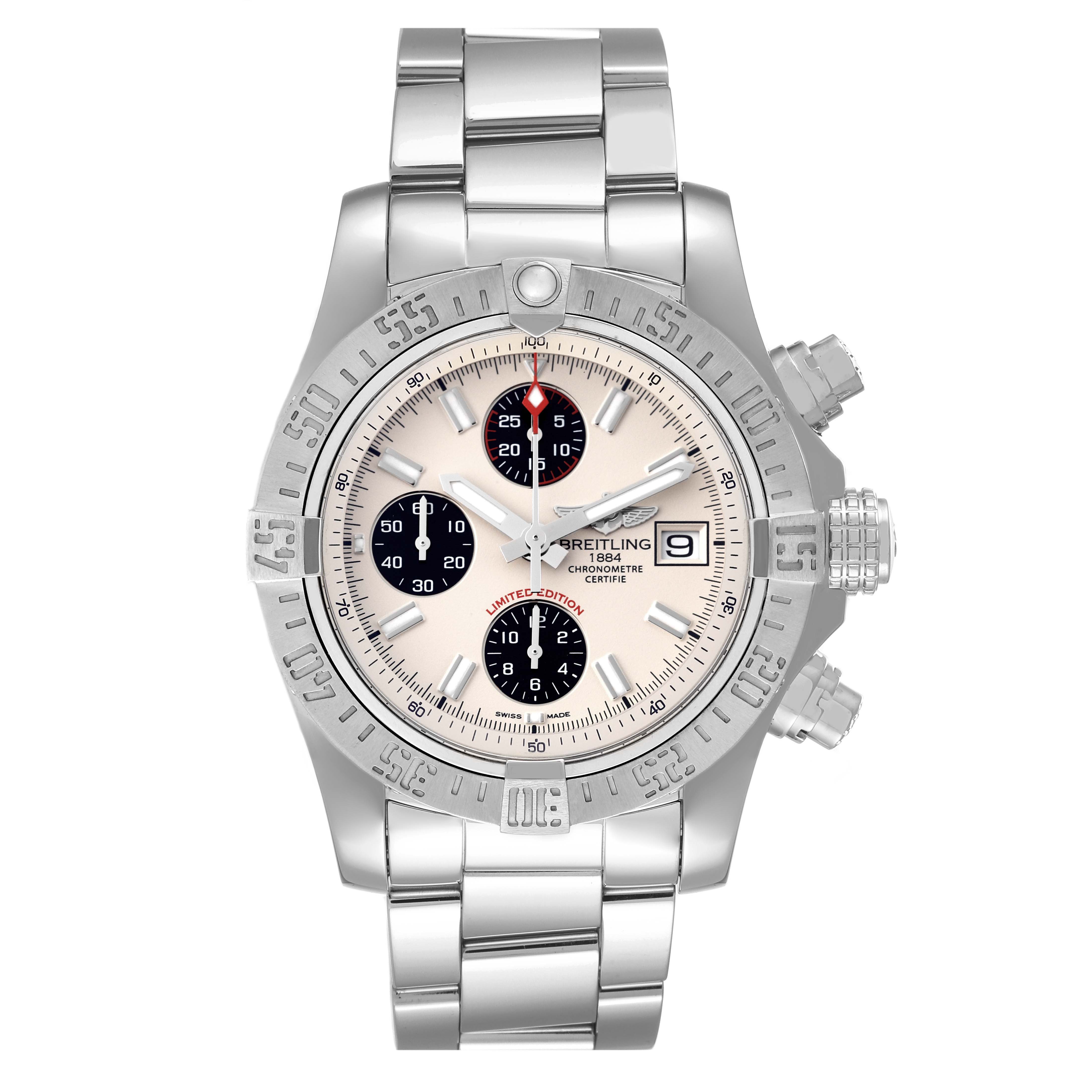 The image shows a front view of the Breitling Avenger A13381 Men
s Stainless Steel White Dial A13381 Men
s Stainless Steel White Dial watch displaying its dial, bezel, and bracelet.