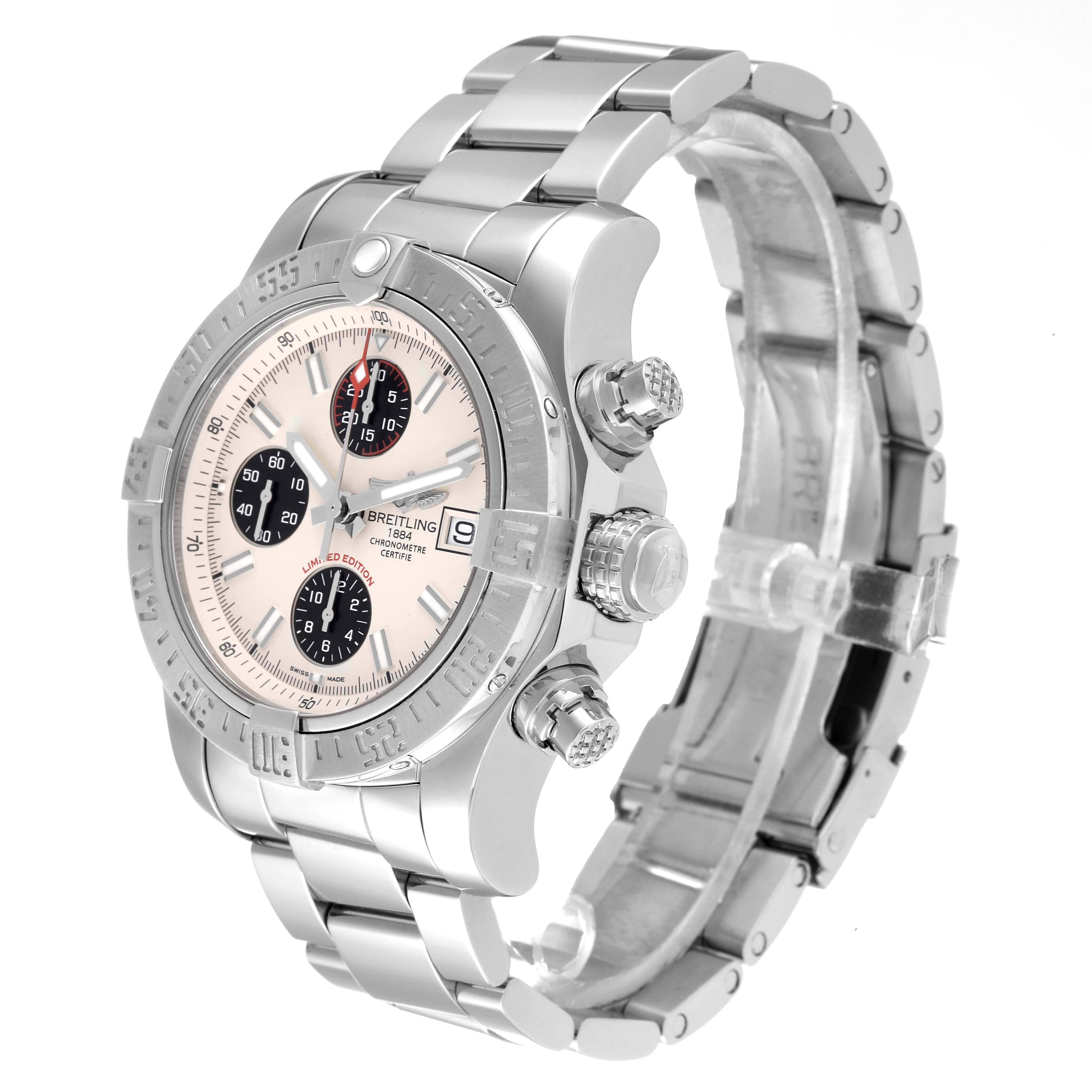 This image shows a Breitling Avenger A13381 Men
s Stainless Steel White Dial A13381 Men
s Stainless Steel White Dial watch at a three-quarter angle, highlighting its bezel, dial, chronograph subdials, and stainless steel bracelet.