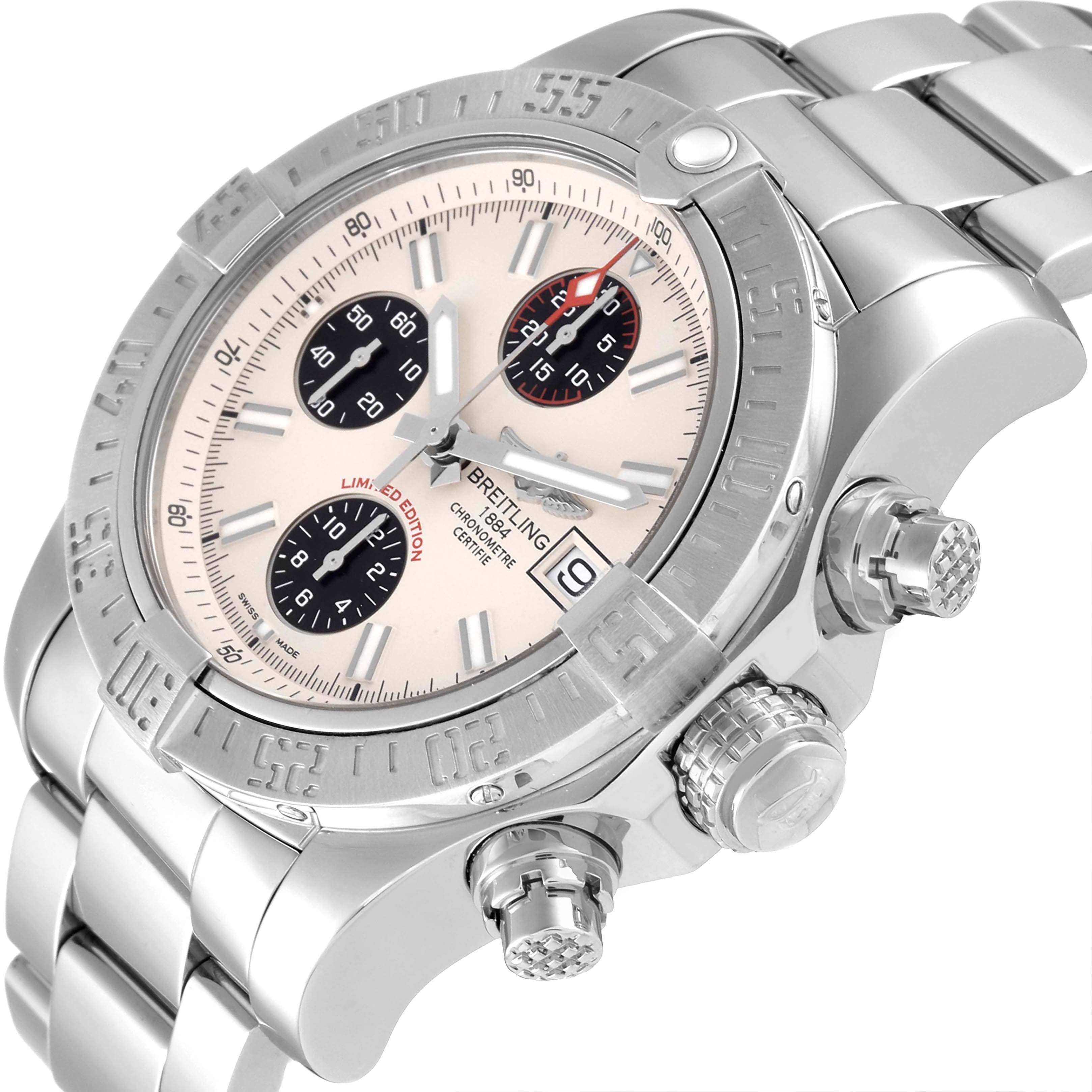 The image shows a Breitling Avenger A13381 Men
s Stainless Steel White Dial A13381 Men
s Stainless Steel White Dial watch at an angle, focusing on the dial, bezel, bracelet, and control buttons.