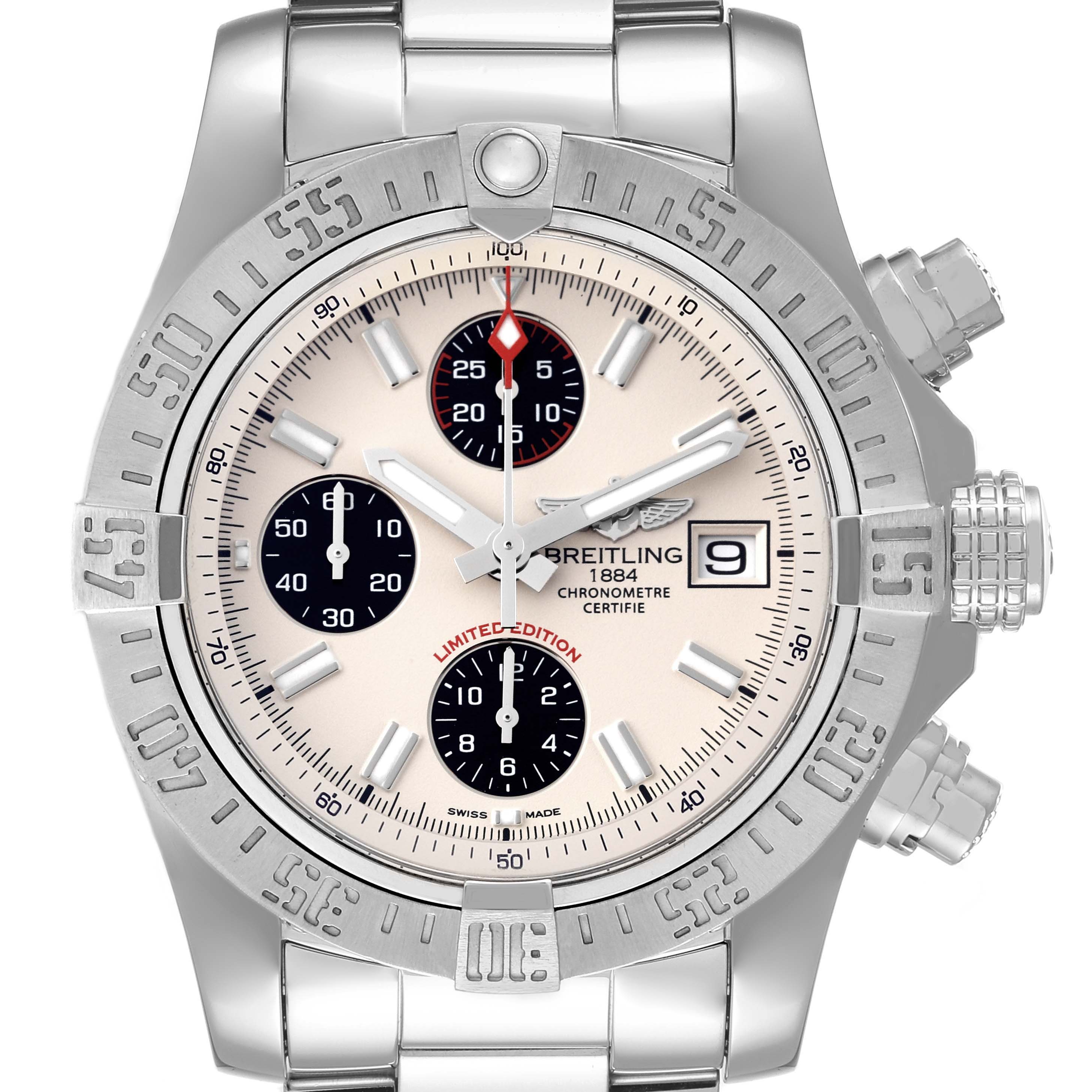 The Breitling Avenger A13381 Men
s Stainless Steel White Dial A13381 Men
s Stainless Steel White Dial watch is shown from the front angle, displaying the face, bezel, crown, and bracelet.