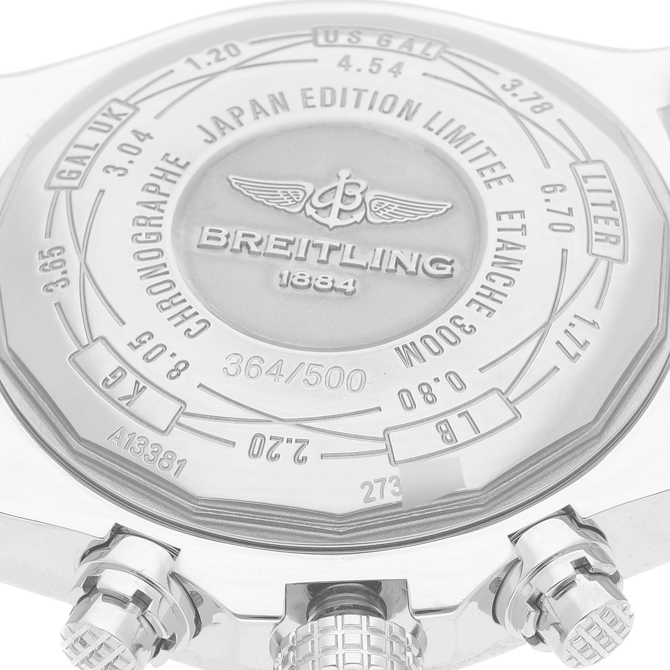 The image shows the back case and crown of a Breitling Avenger A13381 Men
s Stainless Steel White Dial A13381 Men
s Stainless Steel White Dial watch, highlighting its Japan Edition Limited markings.