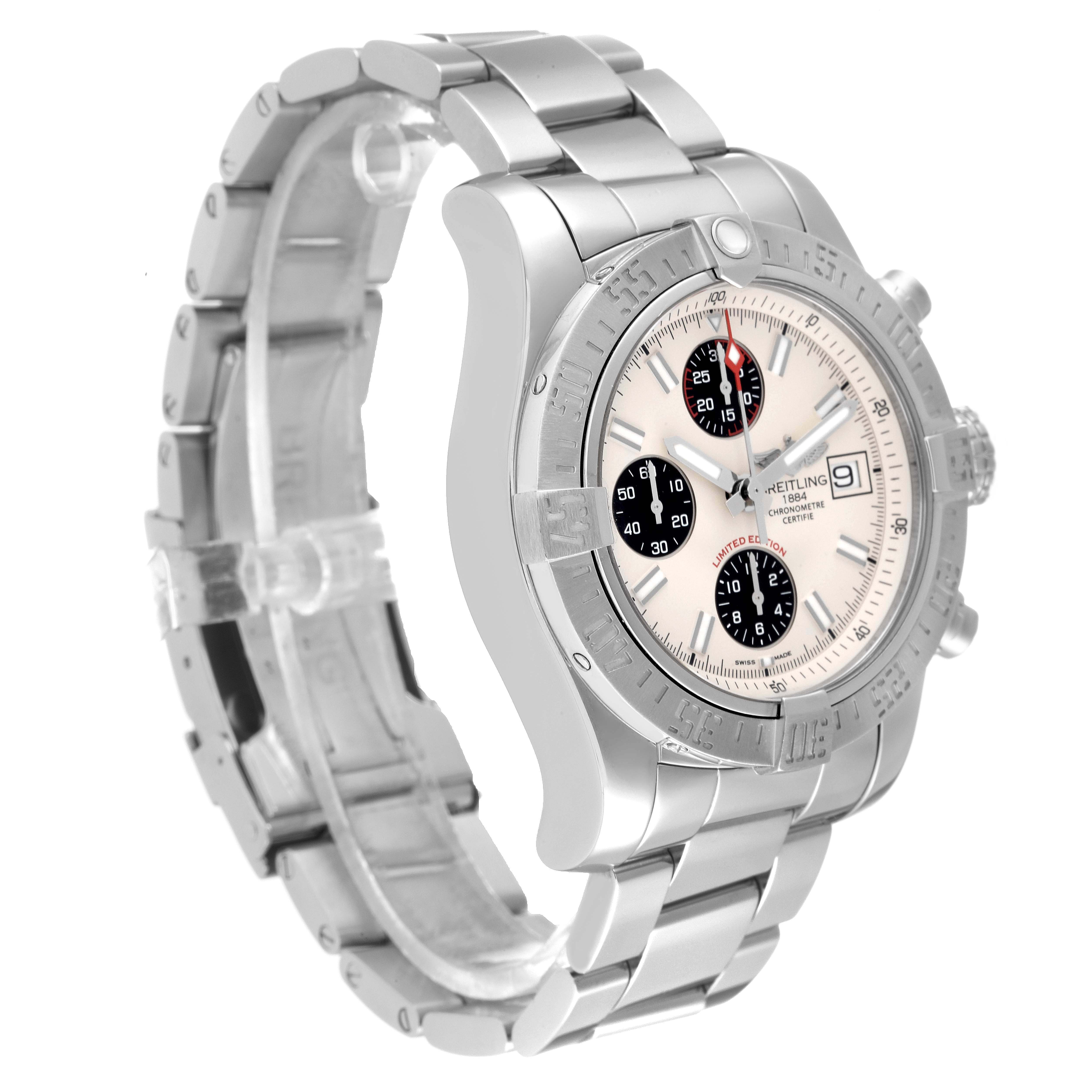 This image shows a side angled view of the Breitling Avenger A13381 Men
s Stainless Steel White Dial A13381 Men
s Stainless Steel White Dial watch, displaying the face, bezel, and metal bracelet.