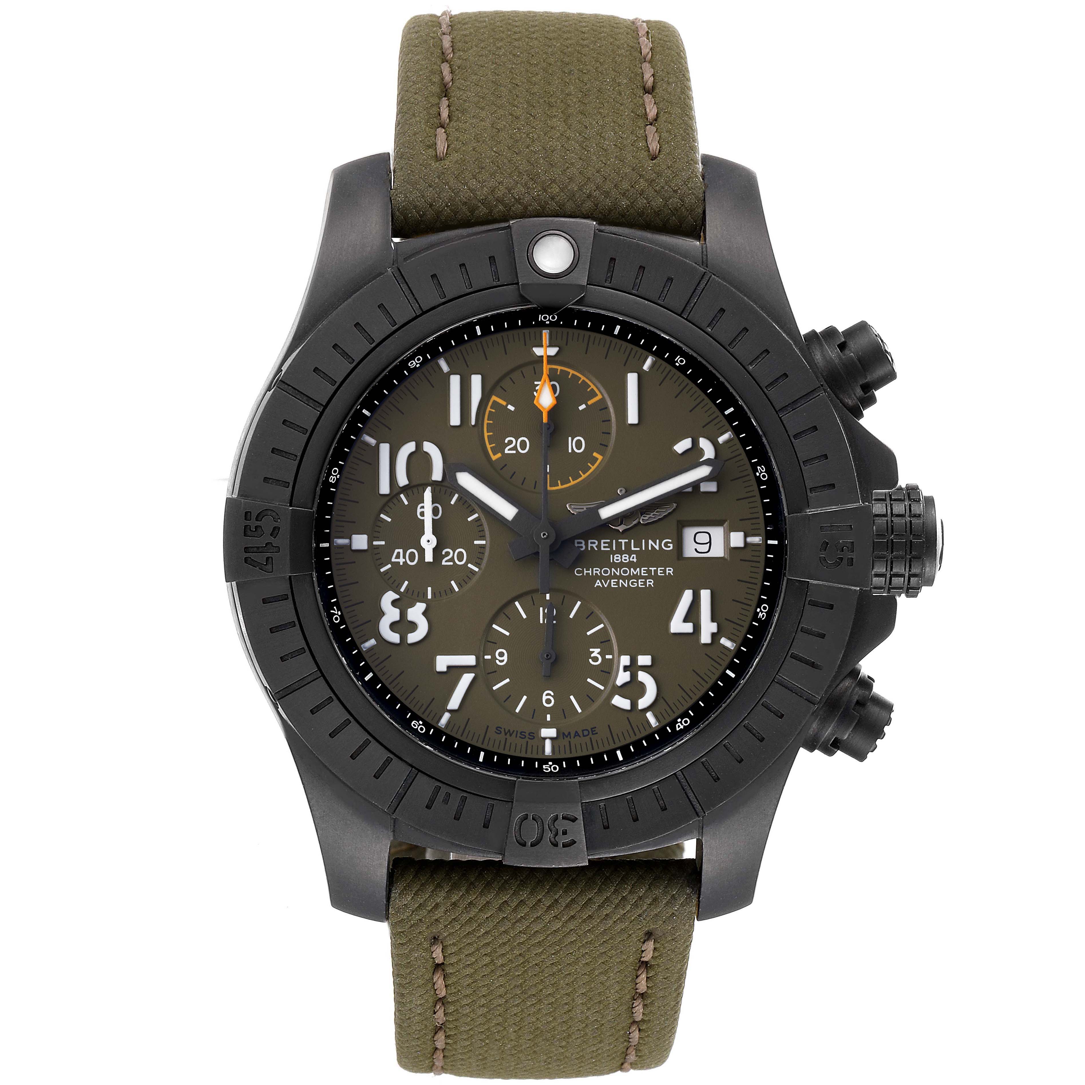 The image shows a front view of a Breitling Avenger V13317101L1X2 Men's Titanium Green Dial V13317101L1X2 Men's Titanium Green Dial watch, displaying its dial, bezels, and olive green strap.