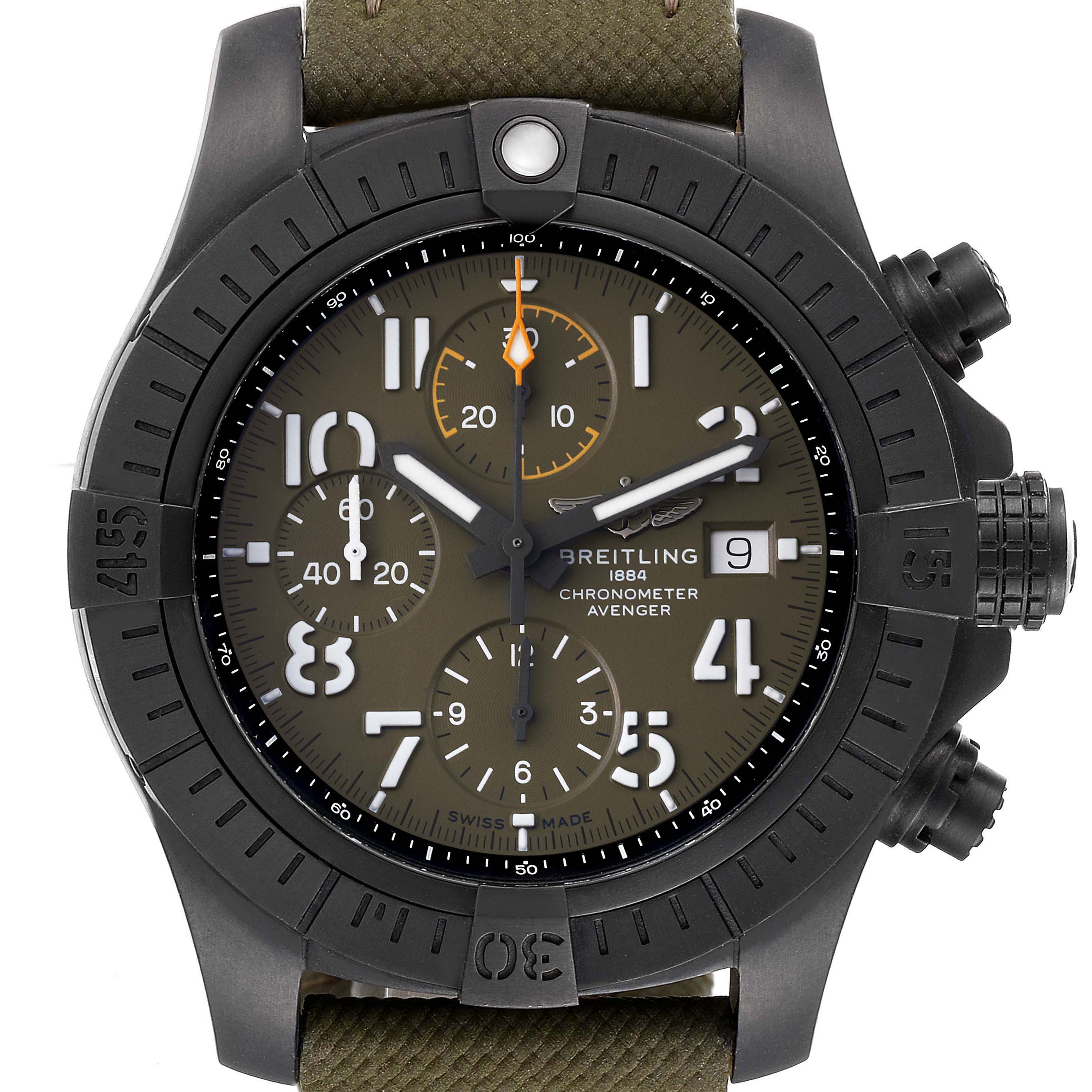 This image shows a front view of the Breitling Avenger V13317101L1X2 Men's Titanium Green Dial V13317101L1X2 Men's Titanium Green Dial watch, highlighting its dial, bezel, and chronograph subdials.