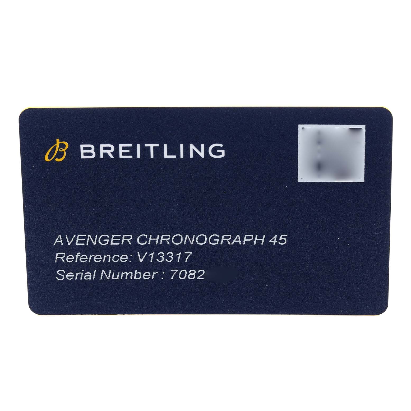 This image shows the reference card for a Breitling Avenger V13317101L1X2 Men's Titanium Green Dial V13317101L1X2 Men's Titanium Green Dial Chronograph 45 watch, displaying reference and serial numbers.