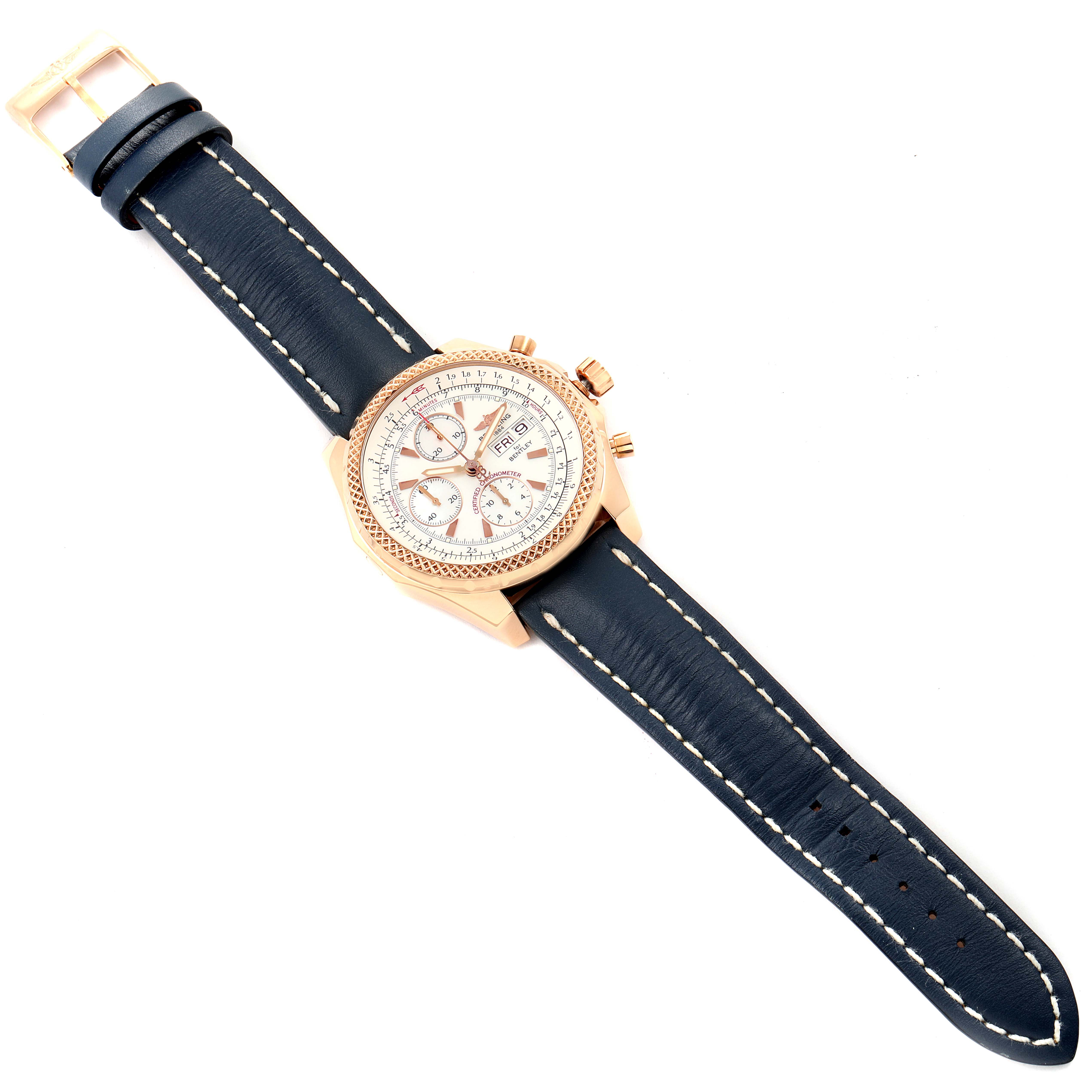 The Breitling Bentley H13363 Men's Rose Gold Mother of Pearl Dial H13363 Men's Rose Gold Mother of Pearl Dial watch is shown from a top-down angle, displaying the dial, bezel, case, and leather strap.