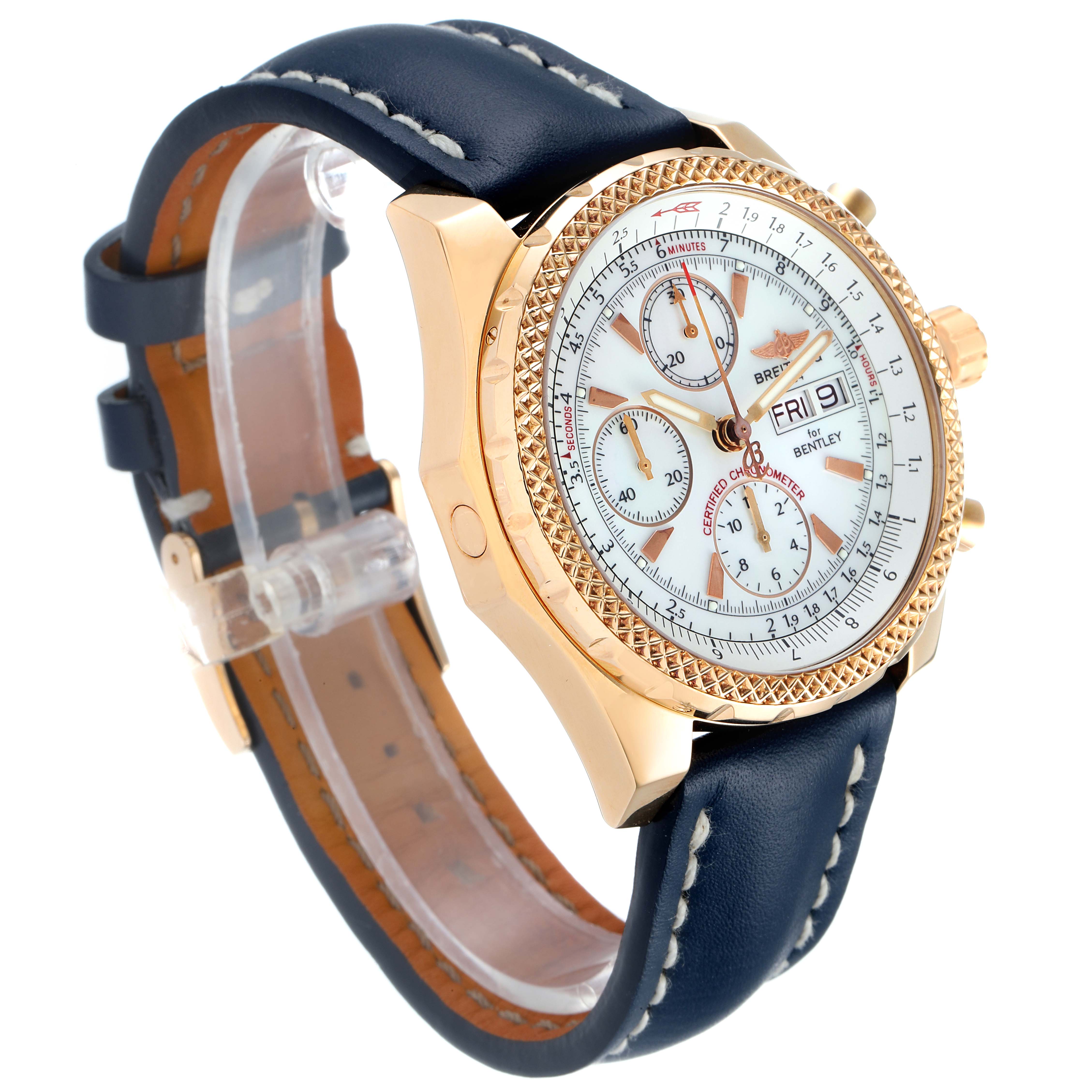 The image shows a Breitling Bentley H13363 Men's Rose Gold Mother of Pearl Dial H13363 Men's Rose Gold Mother of Pearl Dial watch at a three-quarter angle, highlighting its dial, bezel, crown, and blue leather strap.