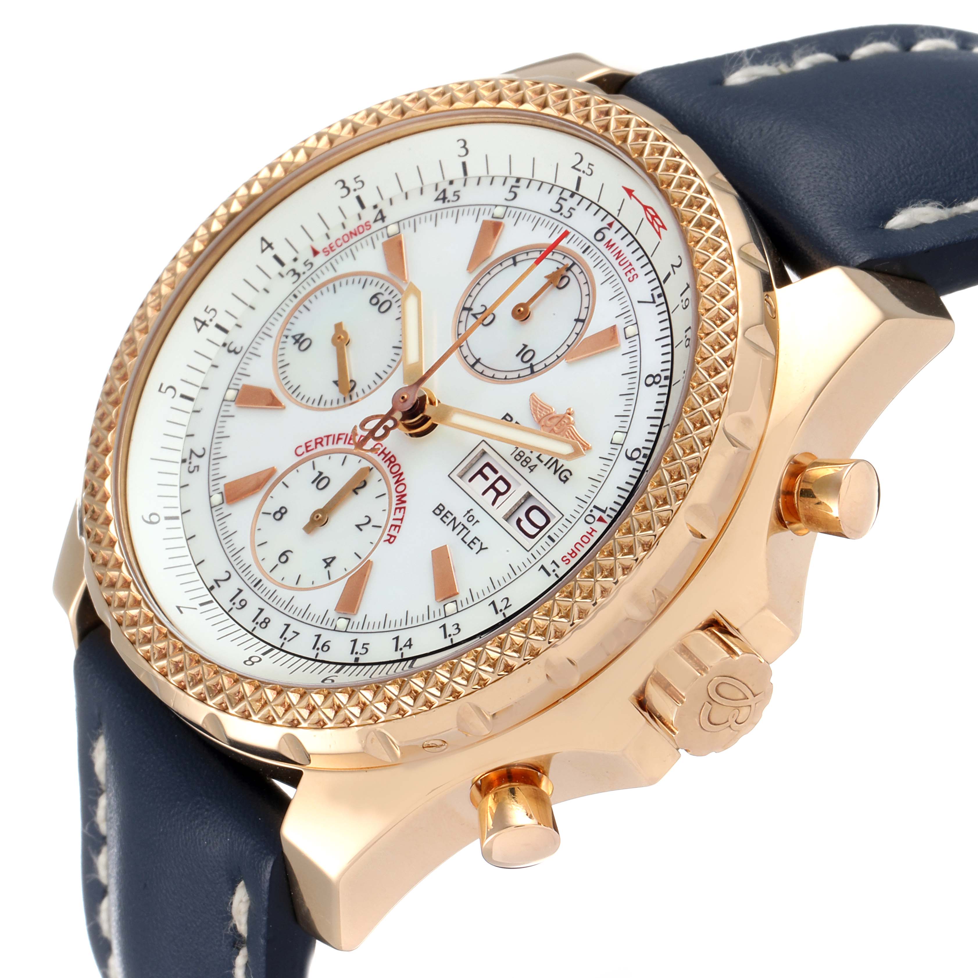 The Breitling Bentley H13363 Men's Rose Gold Mother of Pearl Dial H13363 Men's Rose Gold Mother of Pearl Dial watch is shown from a three-quarter angle featuring the dial, bezel, crown, pushers, and part of the strap.